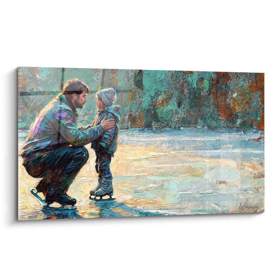 Tableau Père et enfant sur patinoire turquoise et ocre - Transmission complice - Edition Patinage artistique