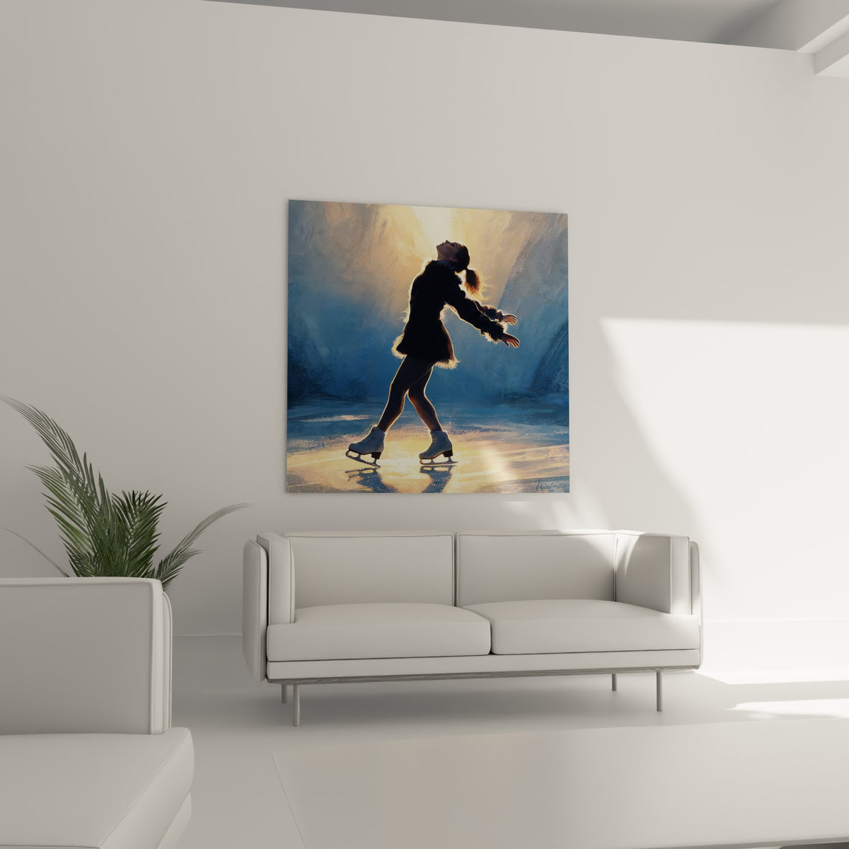 Geste gracieux d'une patineuse en robe sombre et lumière ambrée, au-dessus d'un canapé dans un salon lumineux
