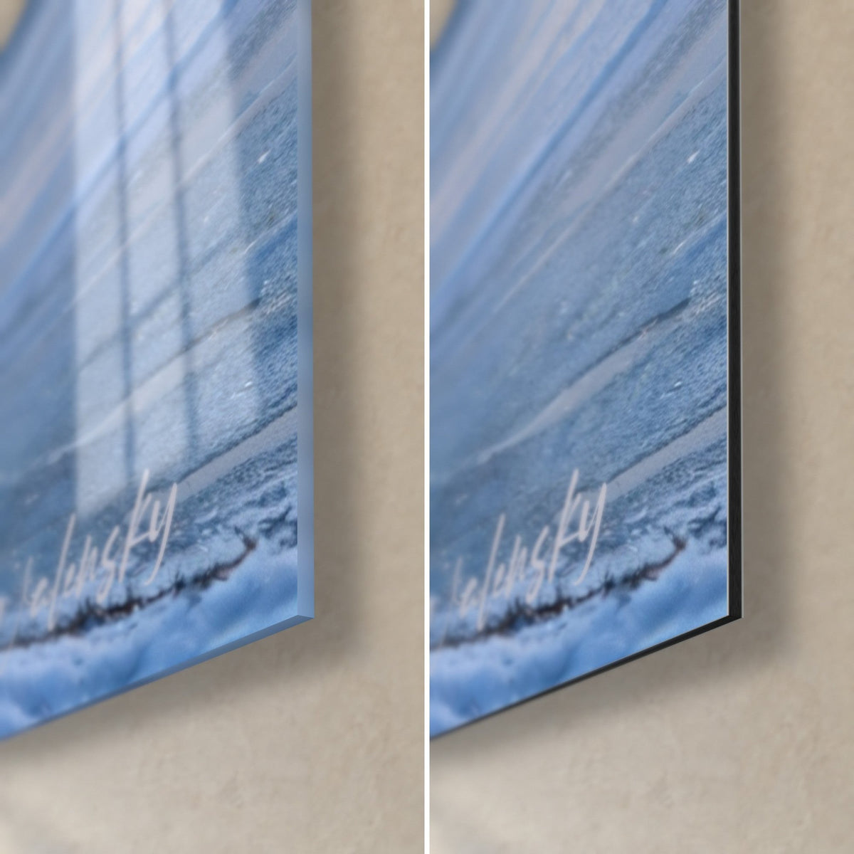 Wall art ice skater on a frosted blue frozen lake, bottom right corner in glossy acrylic glass and matte black Dibond aluminium, 3 mm edge visible