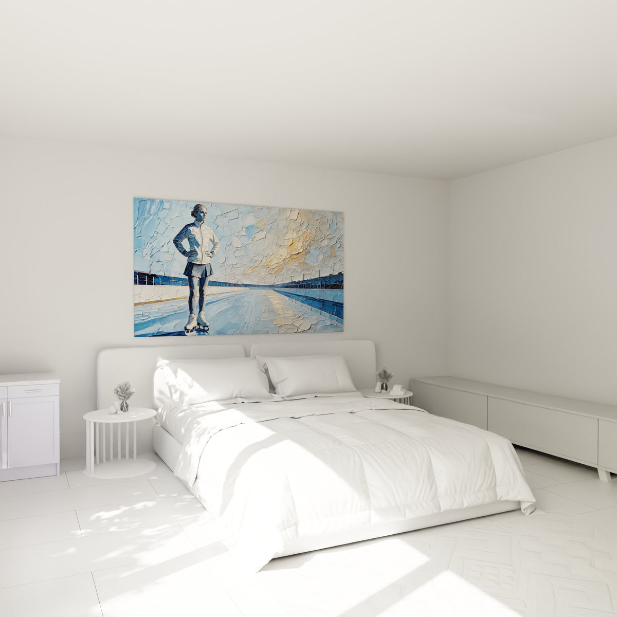 Silhouette de patineuse aux tons bleu glacier et doré, accrochée au-dessus d'un lit dans une chambre claire