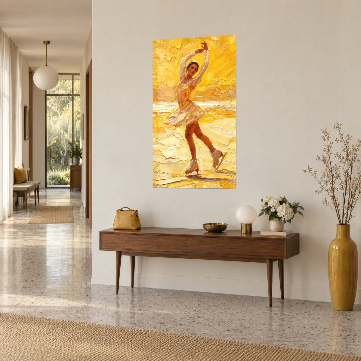 Wall art ice skater in a cream-white dress, sunny yellow and orange impasto, on a beige entrance wall