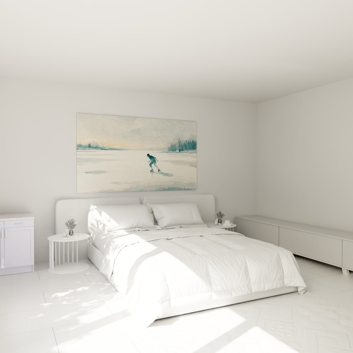 Silhouette penchée en patinage artistique, tons bleu ardoise et blanc, au-dessus d'un lit dans une chambre claire