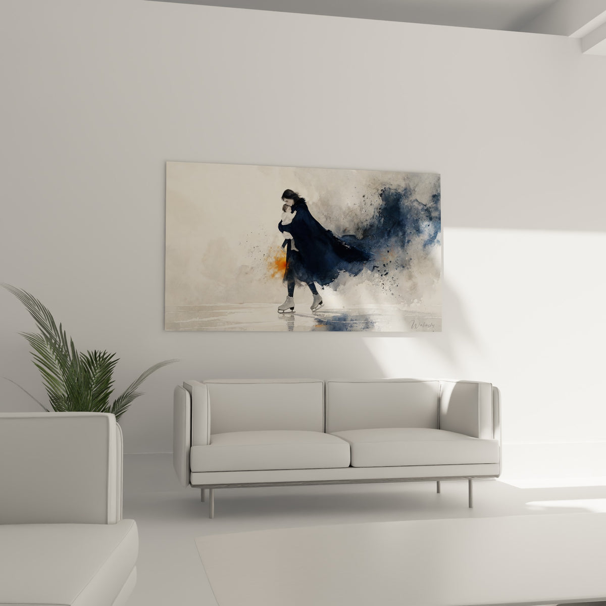 Silhouette en cape marine glissant sur la glace, tableau accroché au-dessus d'un canapé dans un salon lumineux