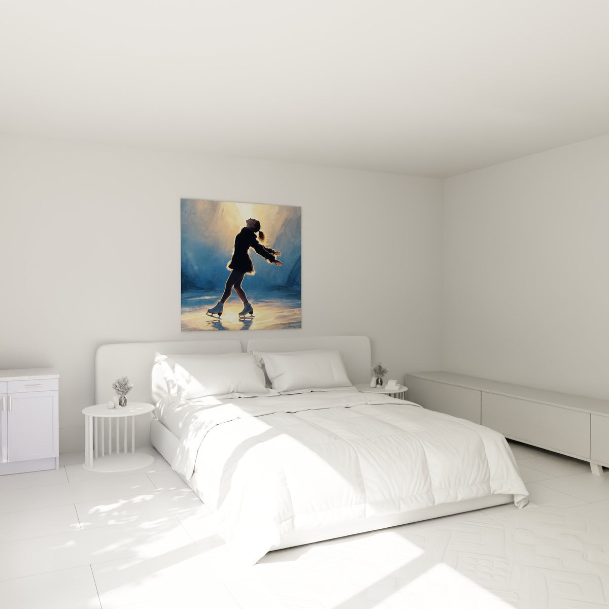 Silhouette de patineuse noire baignée de lumière dorée, au-dessus d'un lit dans une chambre claire