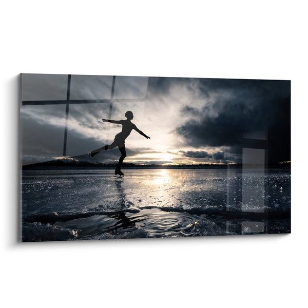 Tableau Patineuse silhouette noire glace argentée - Glissade au crépuscule - Edition Patinage artistique