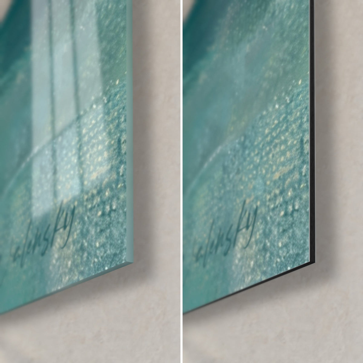 Wall art of a figure skater in a turquoise sweater, bottom right corner: glossy glass on the left, matte black Dibond on the right, 3 mm edge