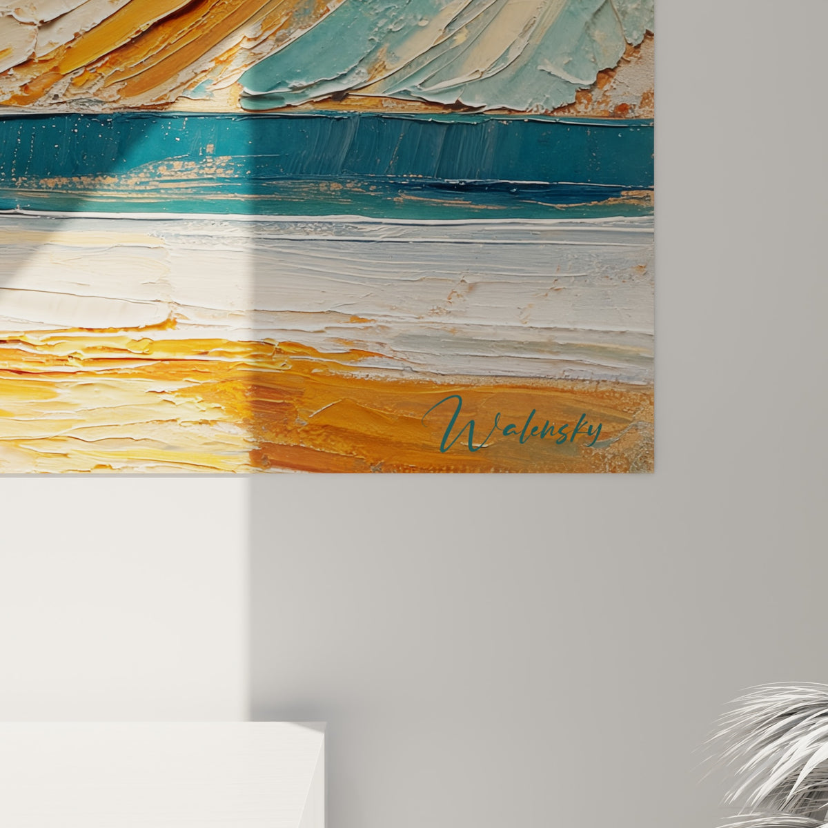 Empâtements épais au couteau mêlant orange vif et turquoise glacé, coulures de peinture visibles sur la toile texturée