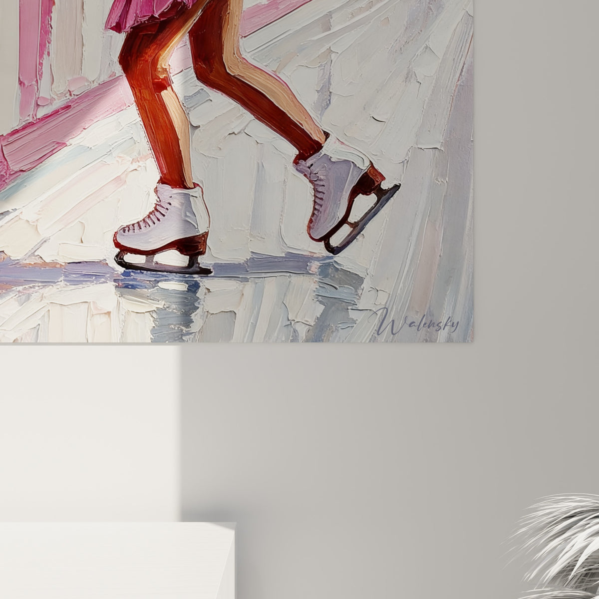 Empâtements roses et blancs à la spatule, coulures de peinture épaisse sur ce tableau patinage artistique