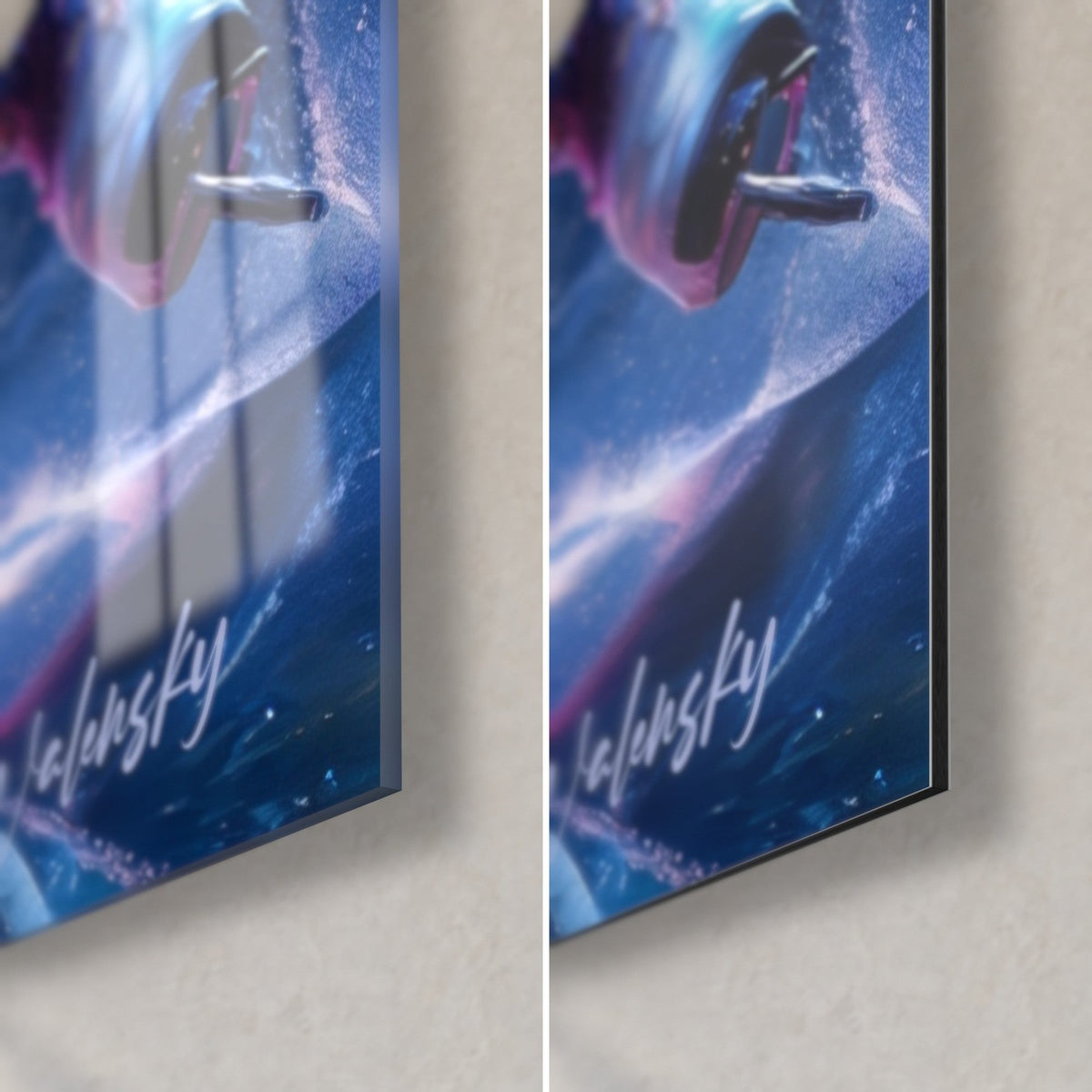 Wall art skaters in pink and turquoise outfits, white skate and ice shards, glossy glass and matte Dibond corner, 3 mm edge