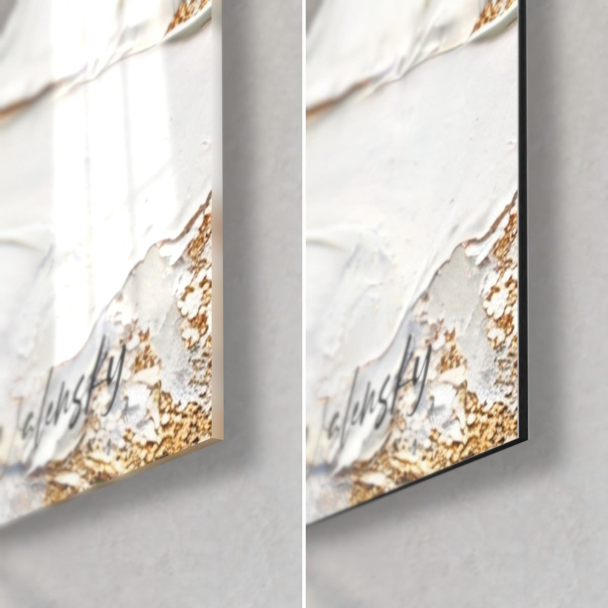 Wall art of a skater on ice, bottom right corner: glossy acrylic glass and matte Dibond aluminum, 3 mm edge, white and gold