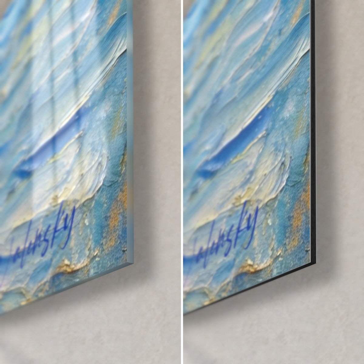 Schilderij kind schaatser in gele jas, rechtsonder, blauwe en gouden impasto, handtekening Walensky, glanzend glas en mat Dibond