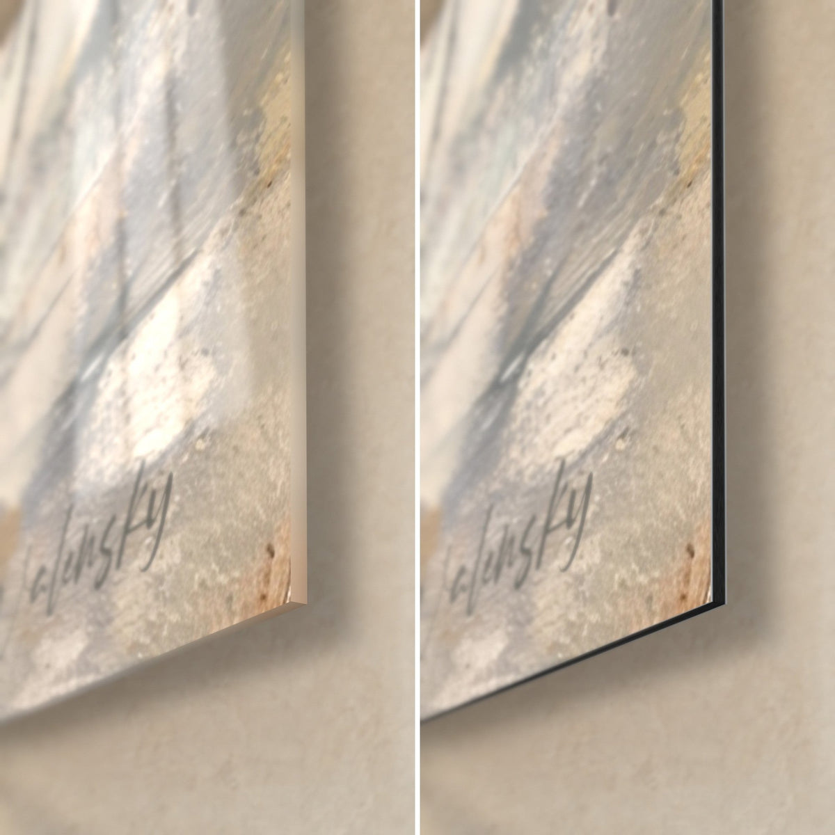 Wall art of a skater in a rust brown sweater, bottom right corner: glossy acrylic glass on the left, matte grey Dibond on the right, 3 mm edge