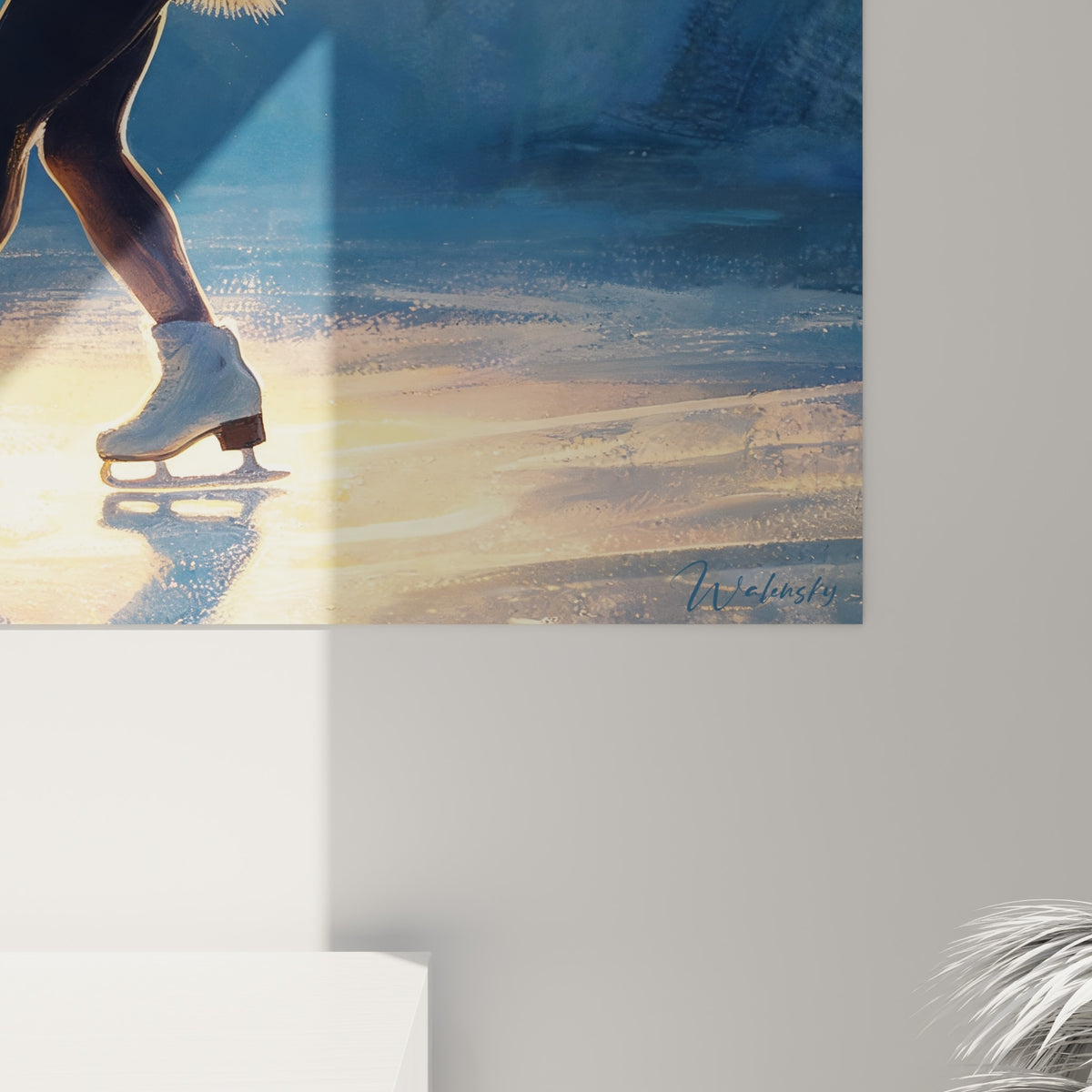 Empâtements bleu glacé et doré se mêlant sur la toile, détail des patins blancs et de la lumière irradiante