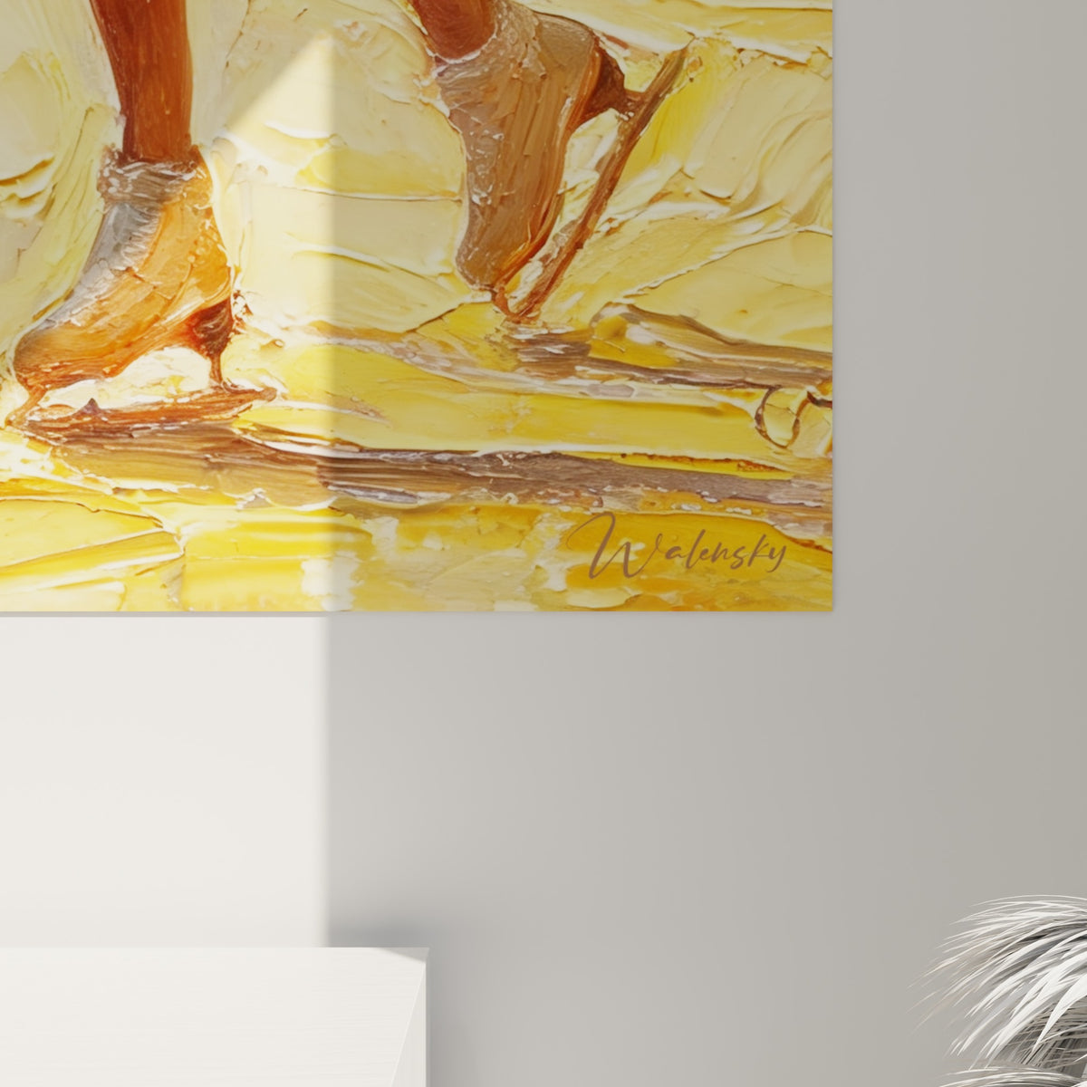 Empâtements épais jaune doré et blanc crème, matière sculpturale de la robe et de la glace du patinage artistique
