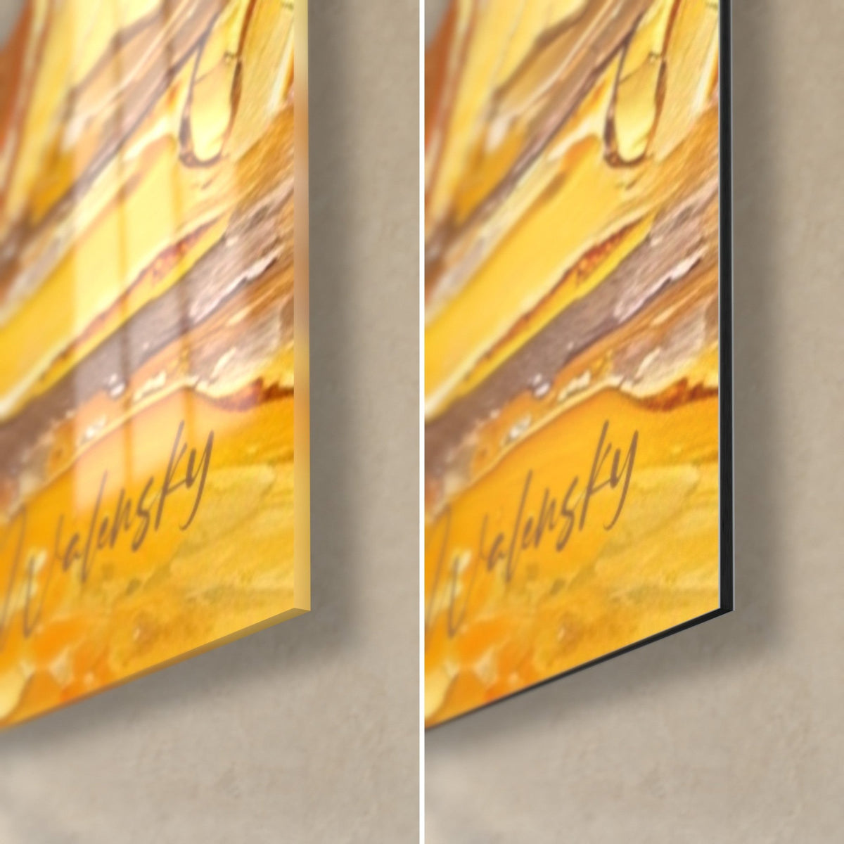 Wall art figure skater in a twirling skirt, bottom right corner: Walensky signature, golden yellow, glossy glass and matte Dibond