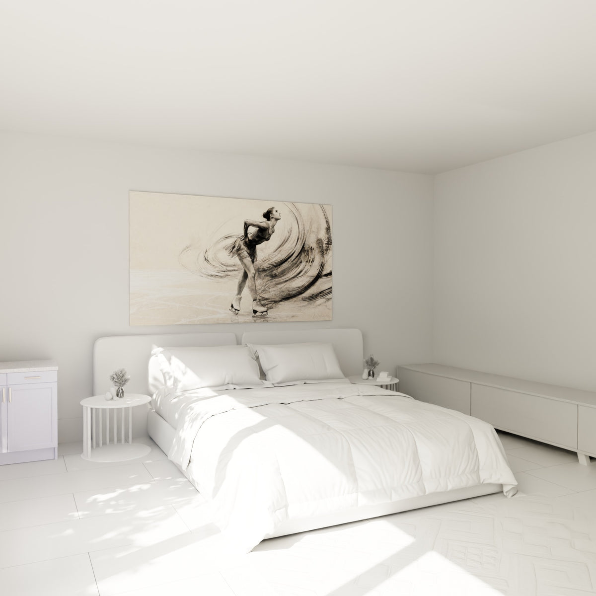 Silhouette gracieuse aux tons beige et anthracite d'une patineuse, au-dessus d'un lit dans une chambre claire