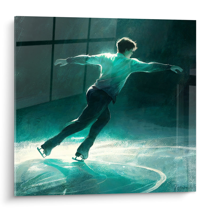 Tableau Patineur turquoise bras étendus sur glace - Élan suspendu - Edition Patinage artistique