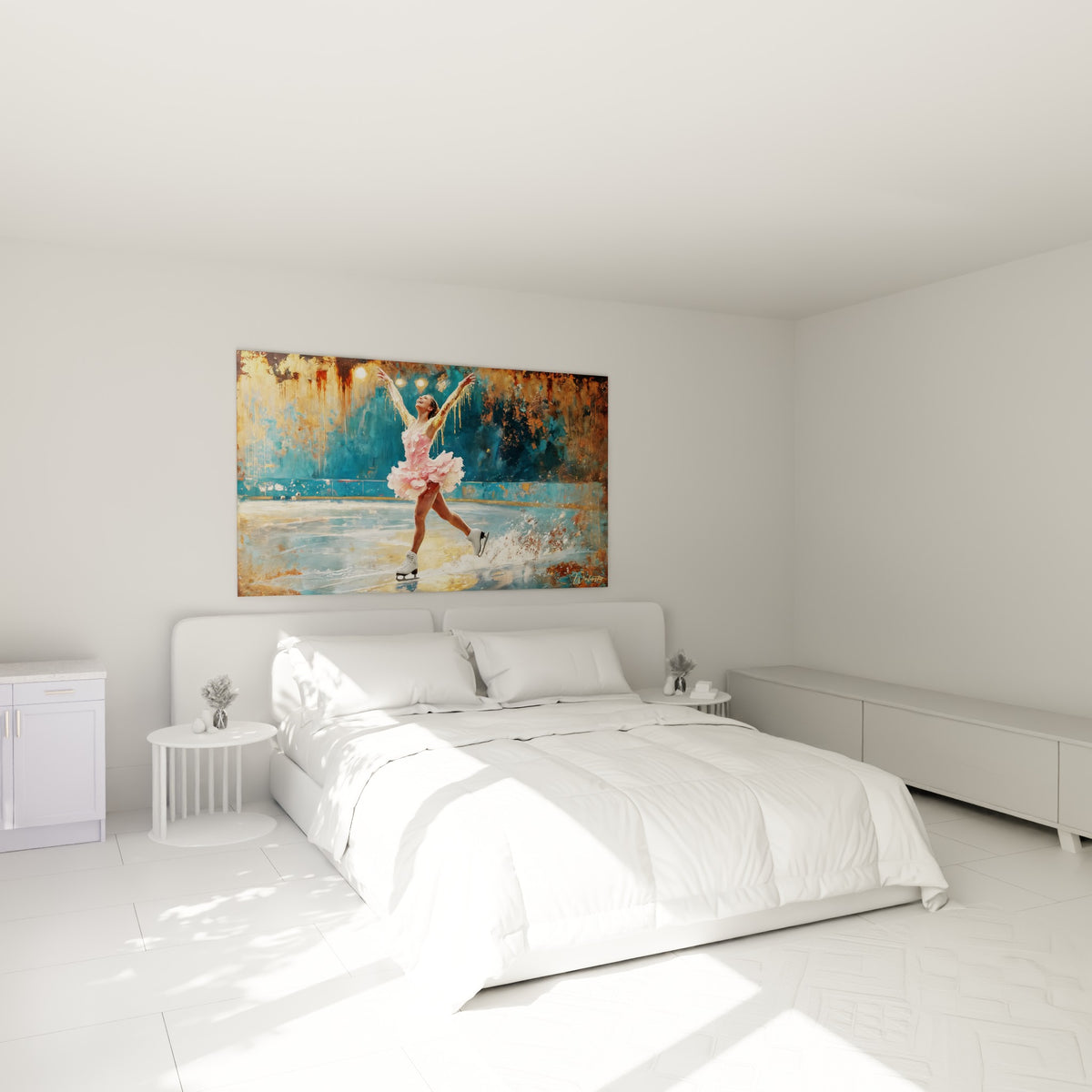 Patineuse rose et dorée en plein élan accrochée au-dessus d'un lit dans une chambre claire