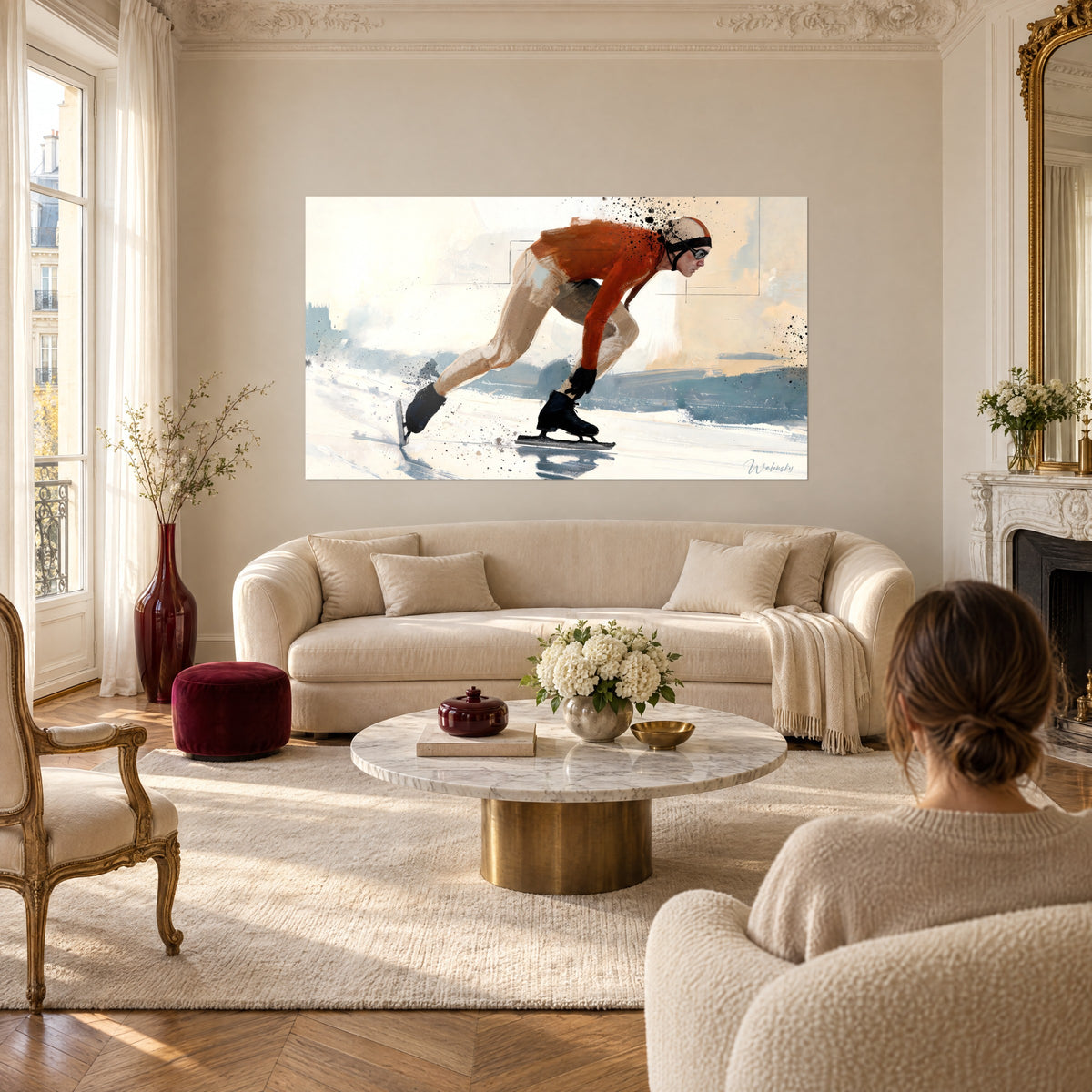 Sportif en plein élan orange et beige, tableau patinage artistique au-dessus d'un lit dans une chambre claire