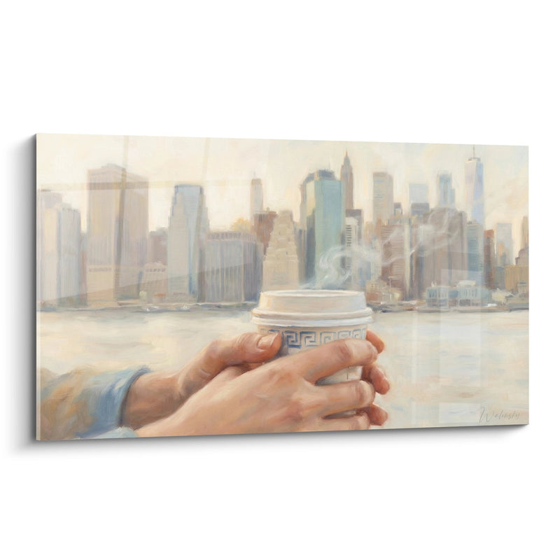 Tableau mains tenant un café avec skyline urbain en arrière-plan - Pause urbaine - Edition Manhattan