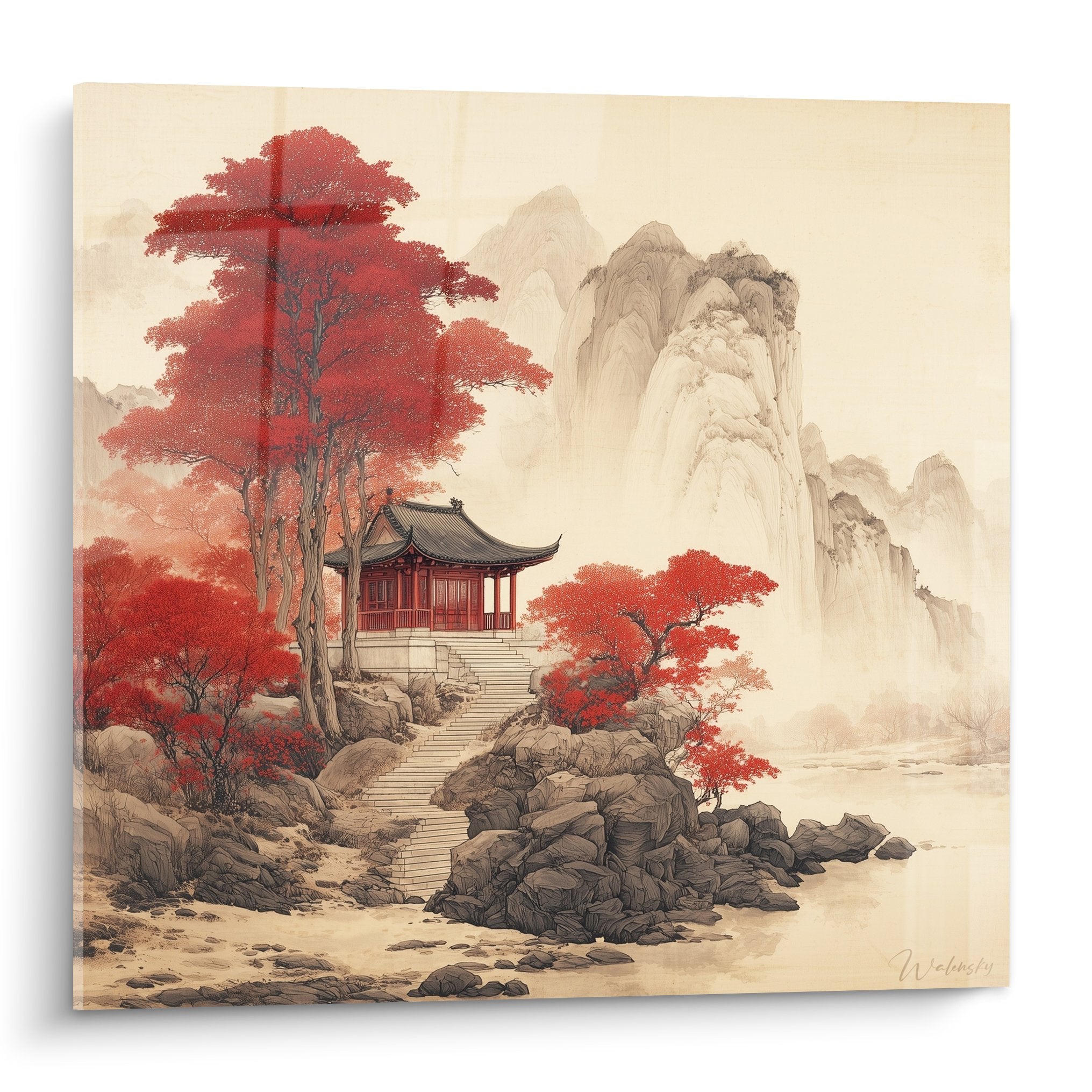 Tableau pavillon rouge traditionnel montagne automnale érables vermillon paysage zen brumeux