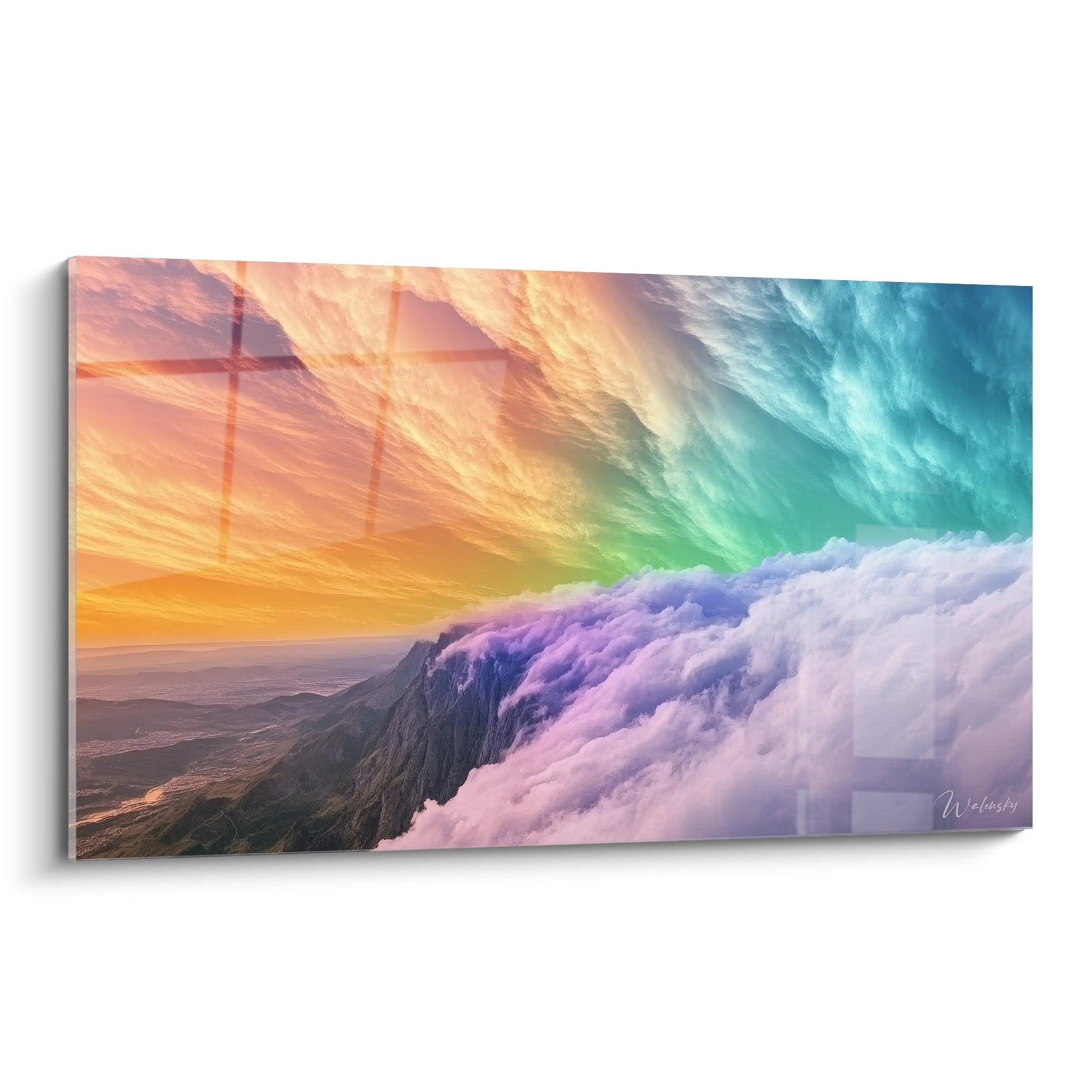Tableau paysage abstrait ciel arc-en-ciel avec nuages colorés et montagnes, art mural moderne décoratif
