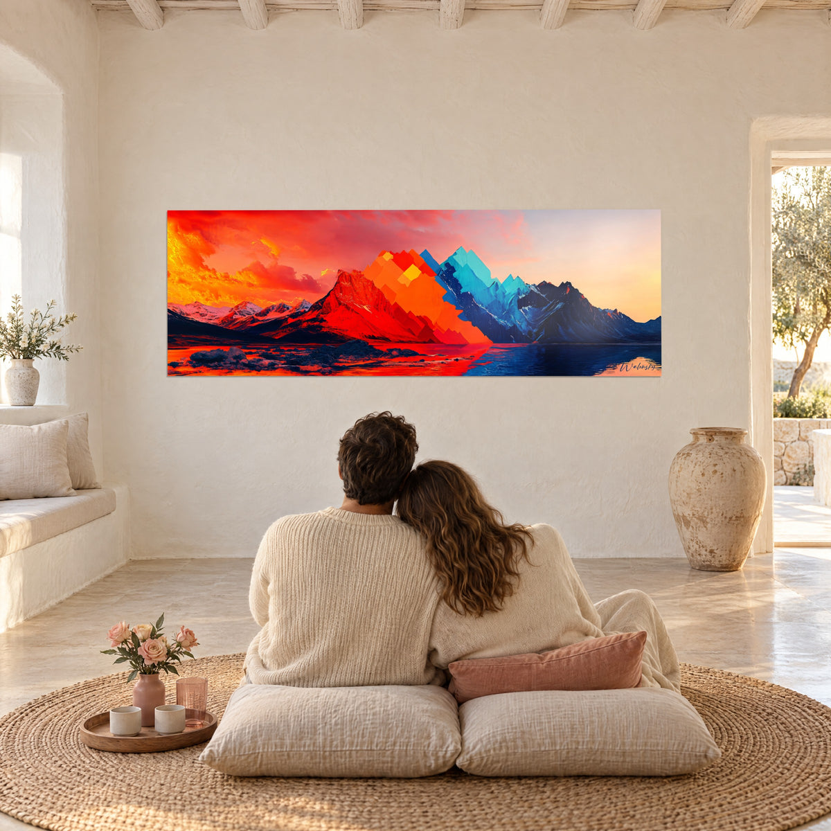 Gemälde zersplitterter Grat zwischen Glut und Eis, roter Himmel, indigoblauer See, sich umarmendes Paar auf Kissen, mediterranes Wohnzimmer