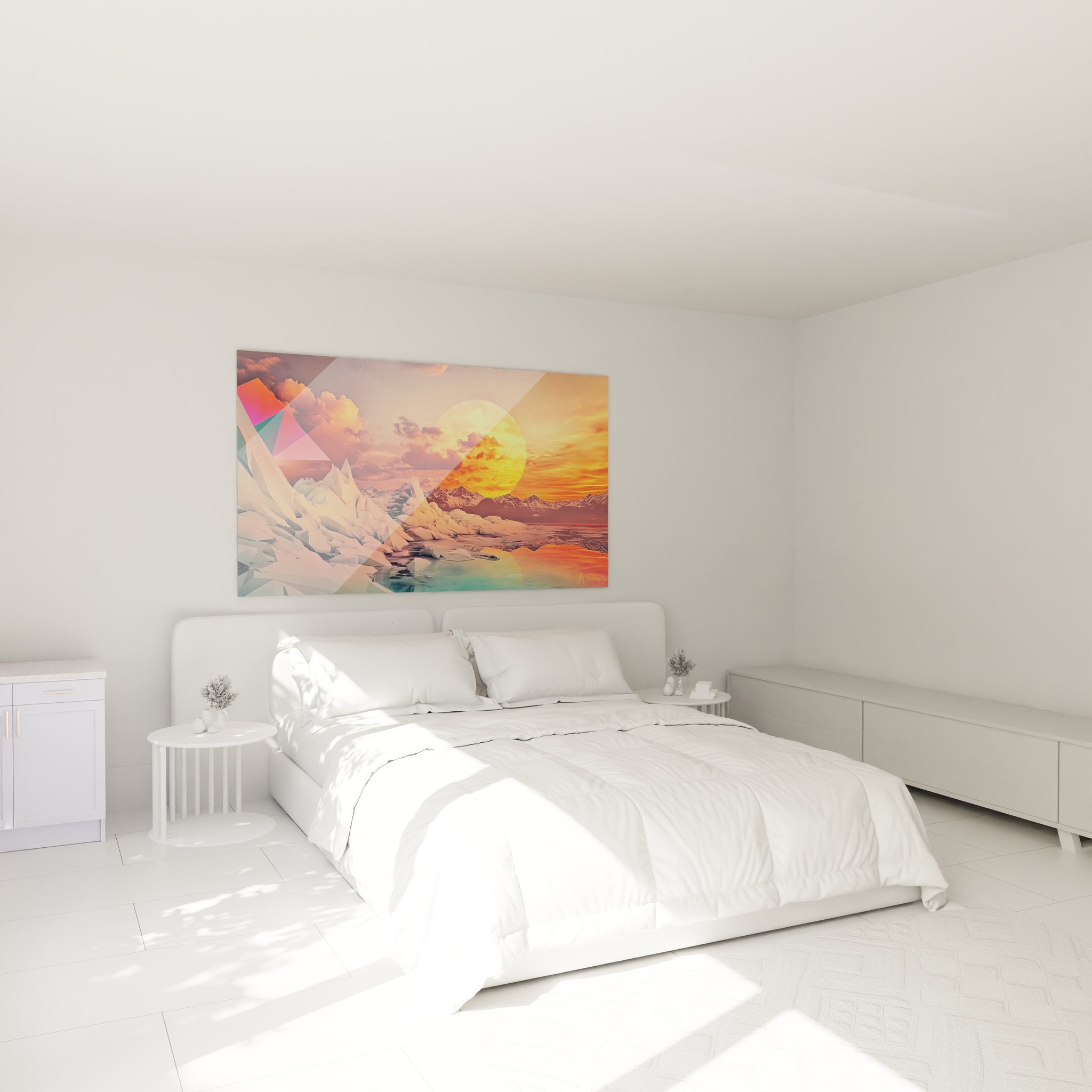 Tableau paysage abstrait futuriste décorant une chambre moderne avec structures cristallines colorées
