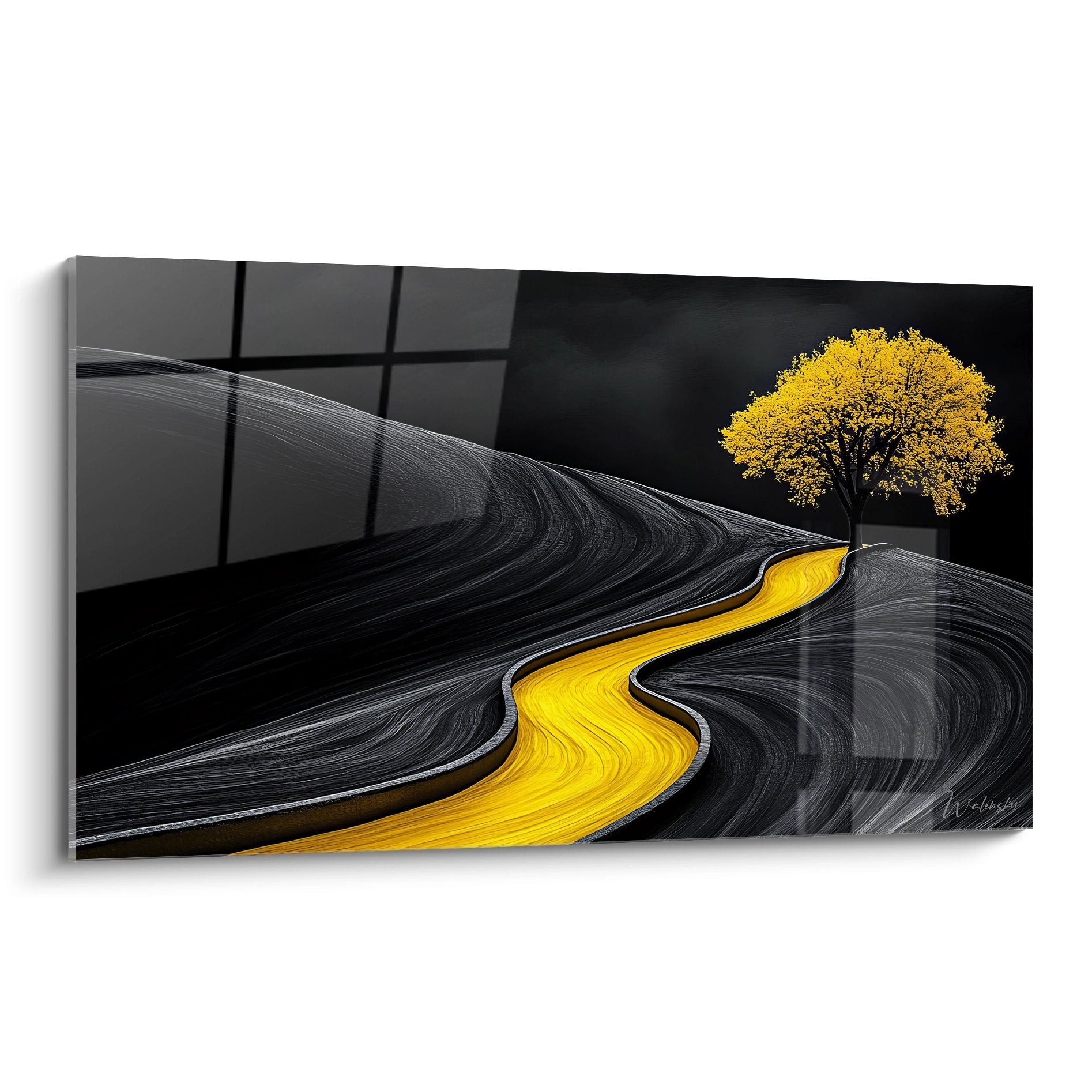 Tableau mural paysage abstrait rivière dorée arbre jaune sur fond noir design moderne