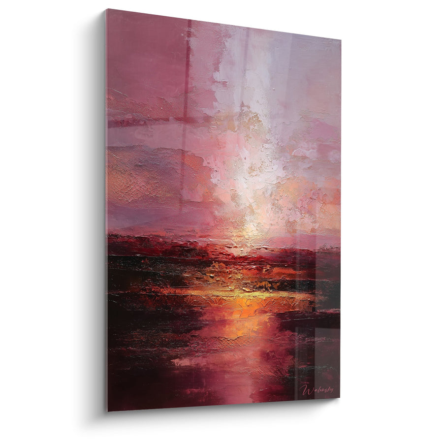 Tableau paysage abstrait aux tons roses et dorés sous ciel lumineux - Horizon Pourpre - Edition Feng shui Sud-Ouest Terre