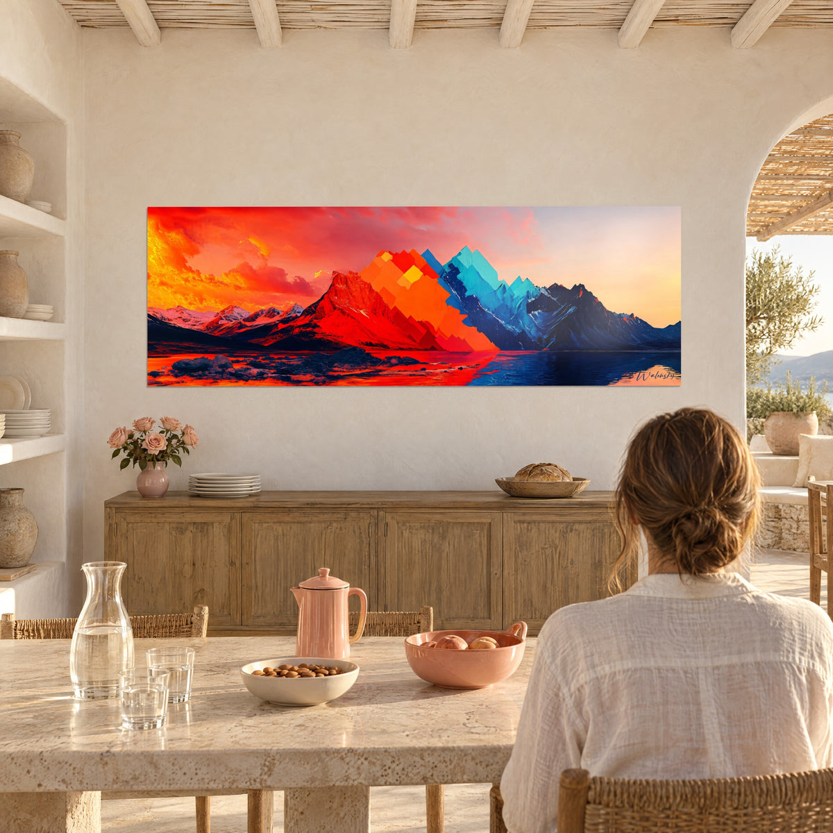 Gemälde abstrakte Alpenlandschaft, gelbe und rote Pixelblöcke, türkisfarbener Gletscher, vom Tisch aus gesehen, mediterranes Haus