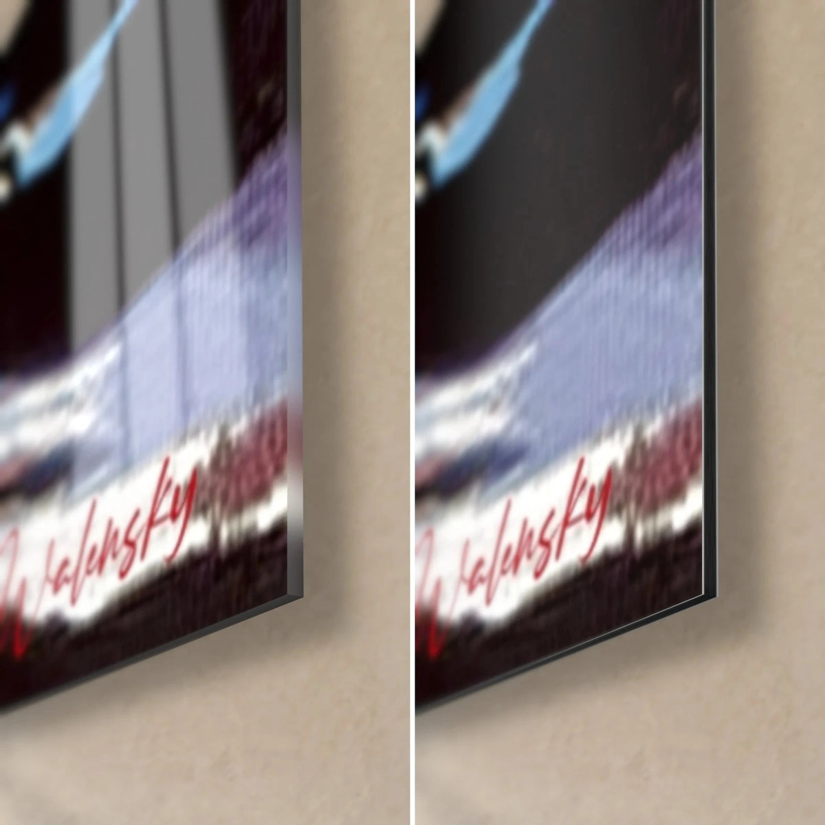 Gemälde gestreiftes Meer mit blauen und violetten Bändern, untere rechte Ecke: glänzendes Acrylglas mit Reflexen, mattes Dibond-Aluminium, 3 mm Stärke