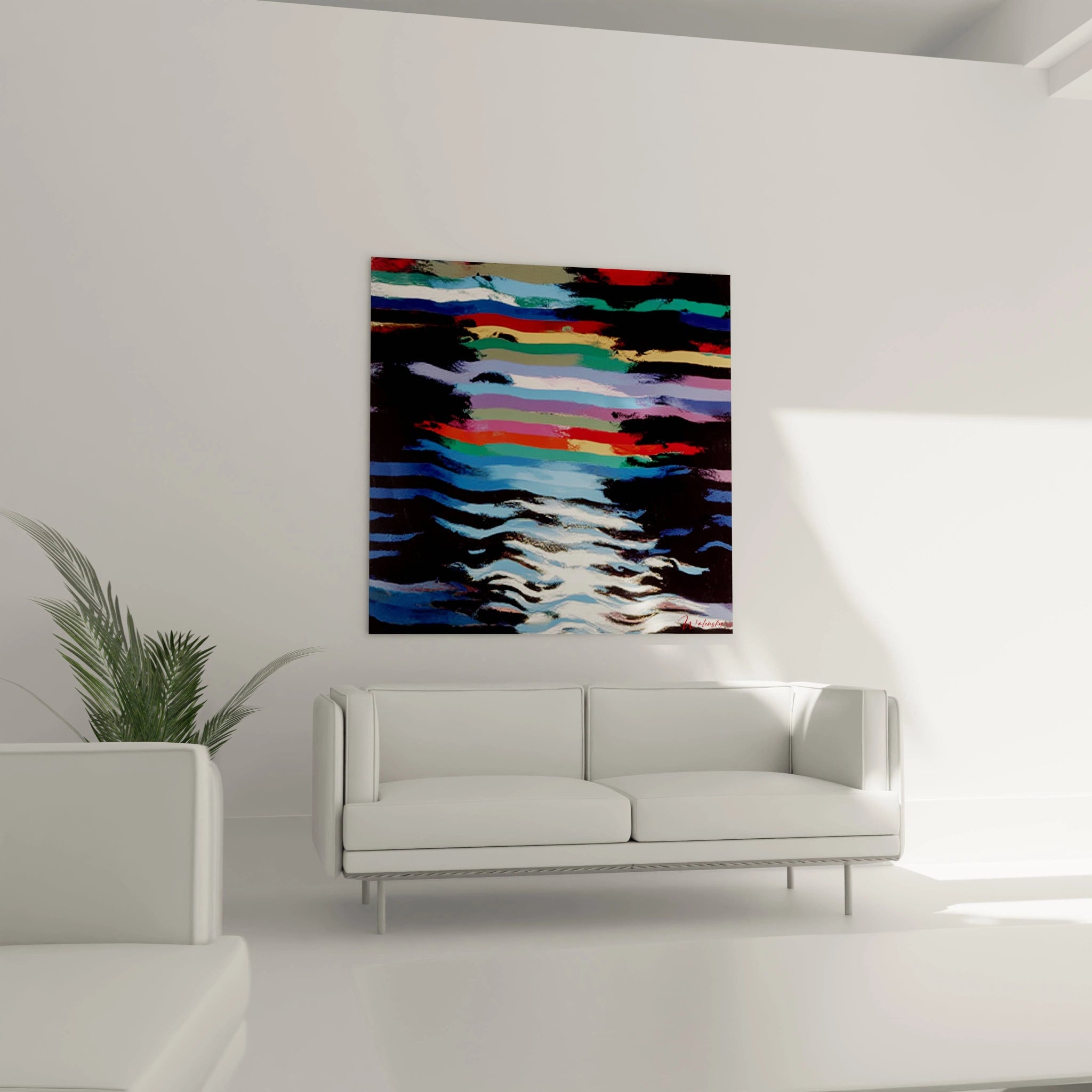 Walensky tableau paysage abstrait moderne carré coloré accroché au dessus d'un canapé blanc dans un salon minimaliste