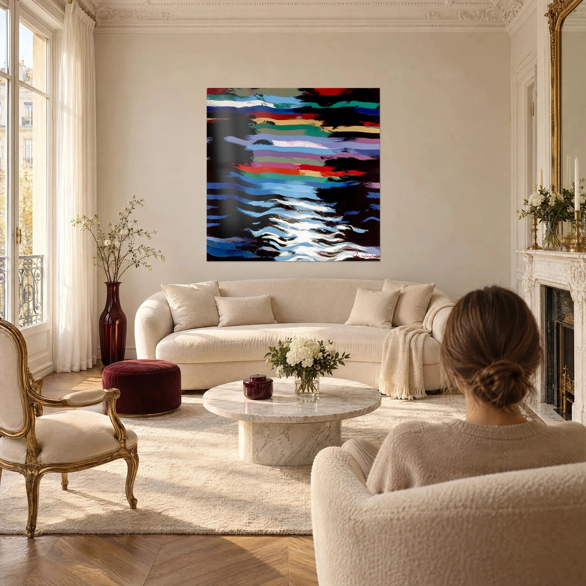 Gemälde abstrakte Landschaft mit wellenförmigen Streifen in Kobaltblau und Leuchtrot, strahlende weiße Reflexion, über einem Sofa in einem hellen Wohnzimmer