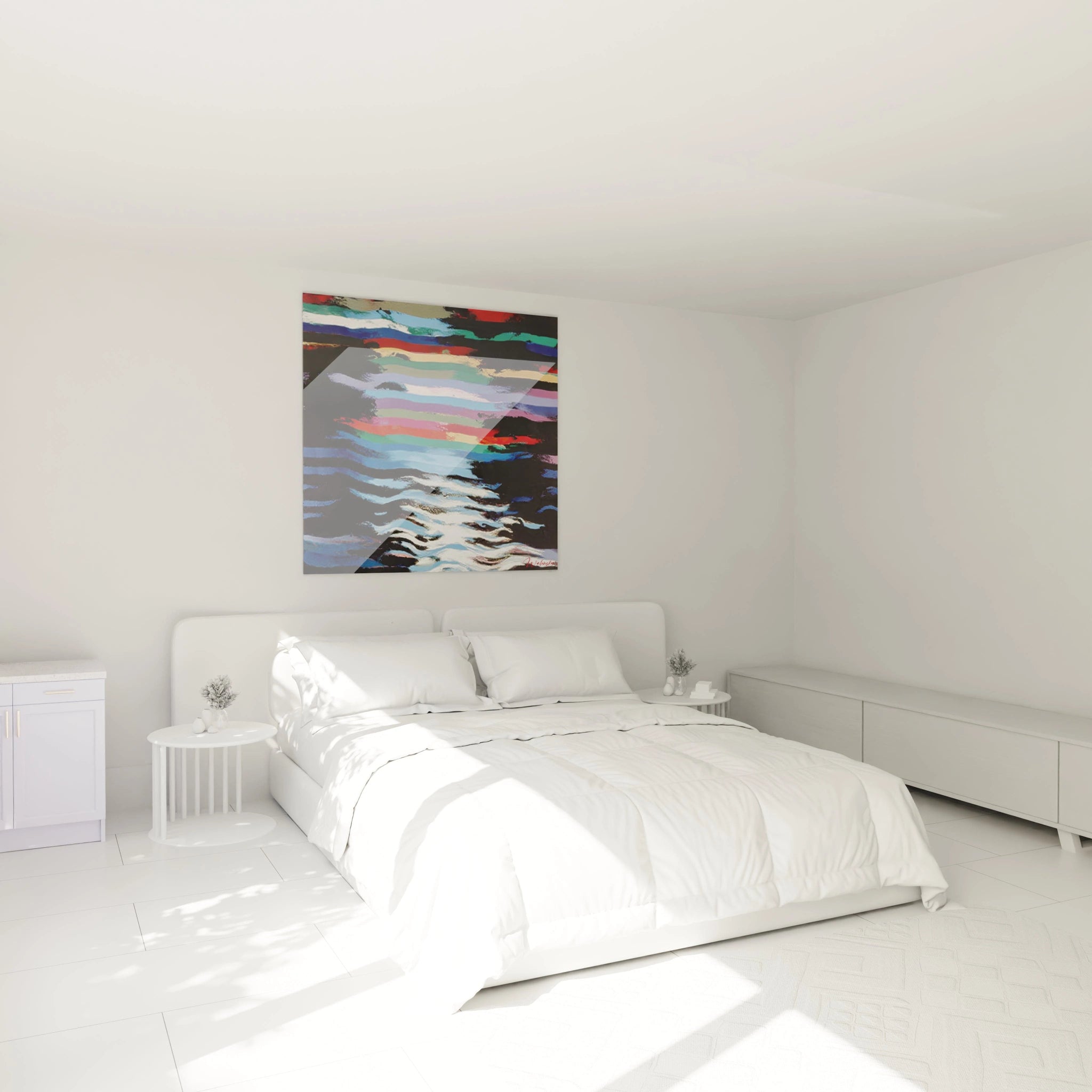 Walensky tableau paysage abstrait moderne colore accroche au dessus d un lit blanc minimaliste en chambre