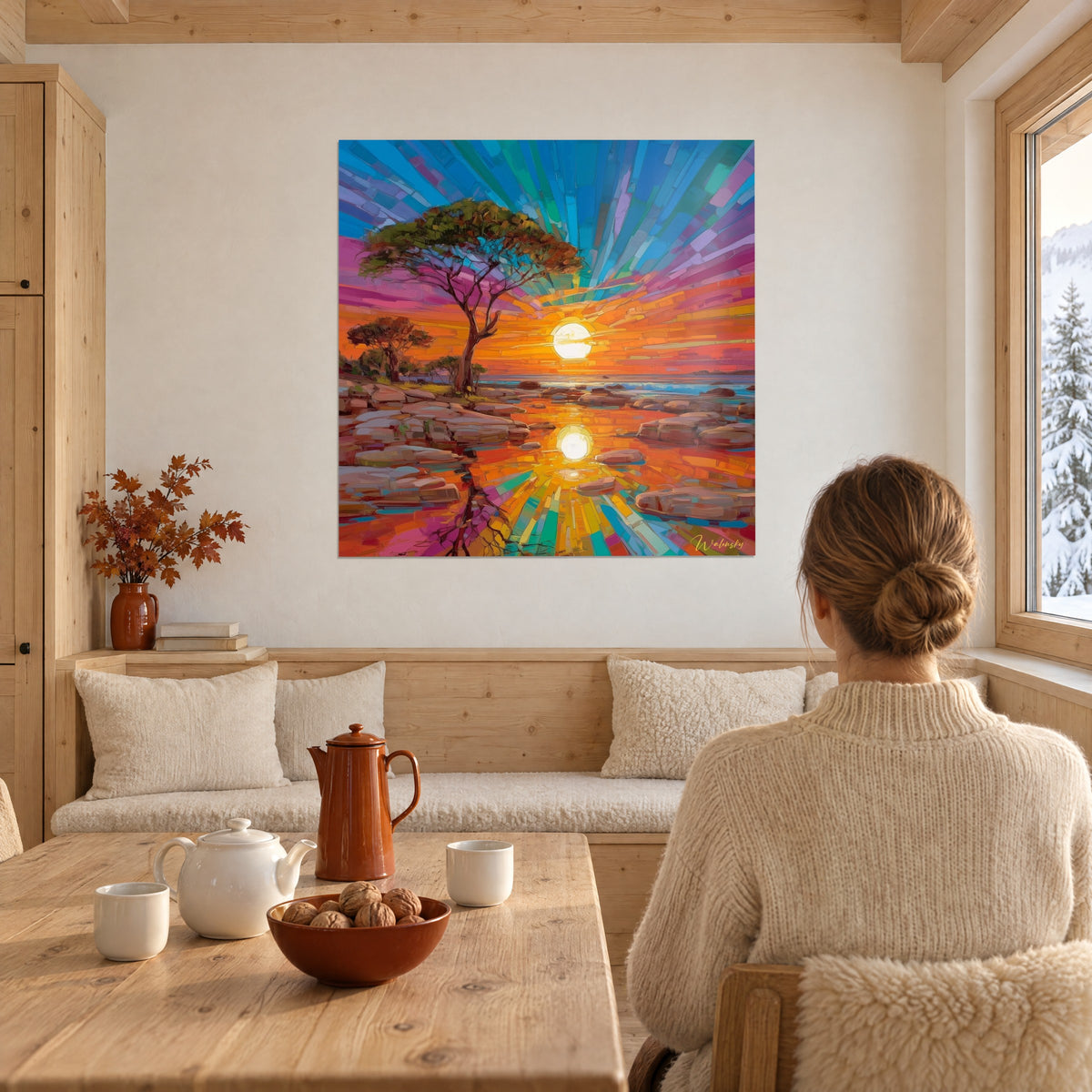 Tableau ciel en éventail de facettes violettes et turquoise, rochers roses cernant l'eau orangée, face à une banquette de chalet