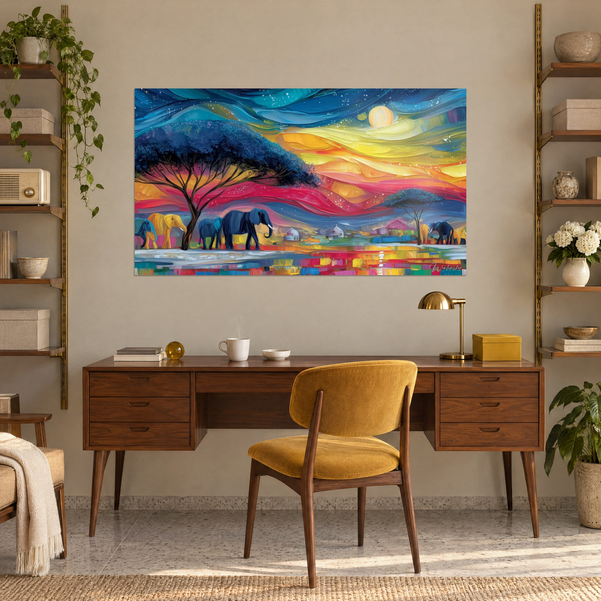 Cuadro paisaje de sabana con elefantes, atardecer rosa vivo y amarillo limón, sobre un escritorio de madera y un sillón mostaza