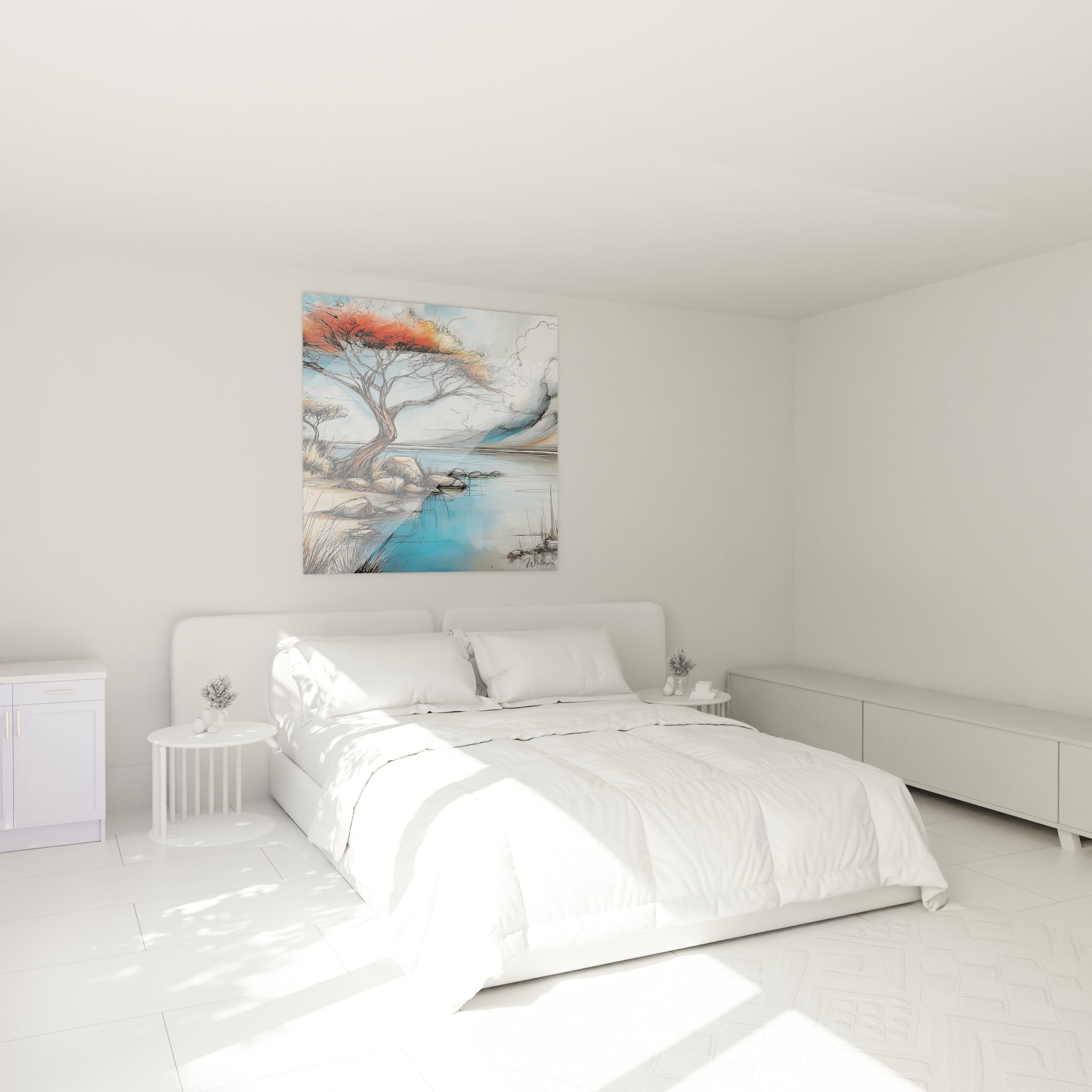 Tableau mural paysage africain acacia décorant une chambre moderne avec lit blanc.