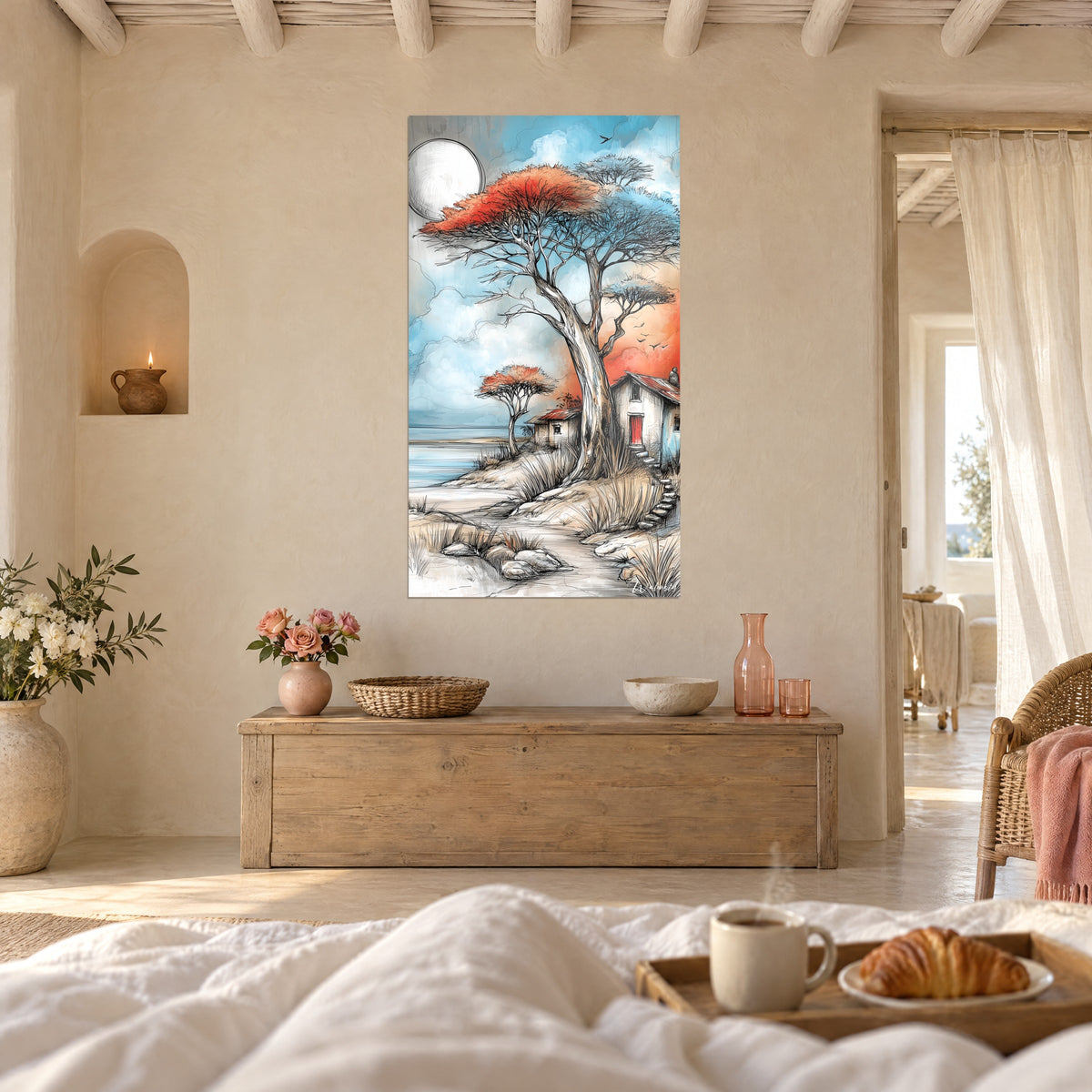 Tableau baobab aux branches orange vif et bleu ciel, lune ronde, cabane rouge, au-dessus d'un lit dans une chambre claire