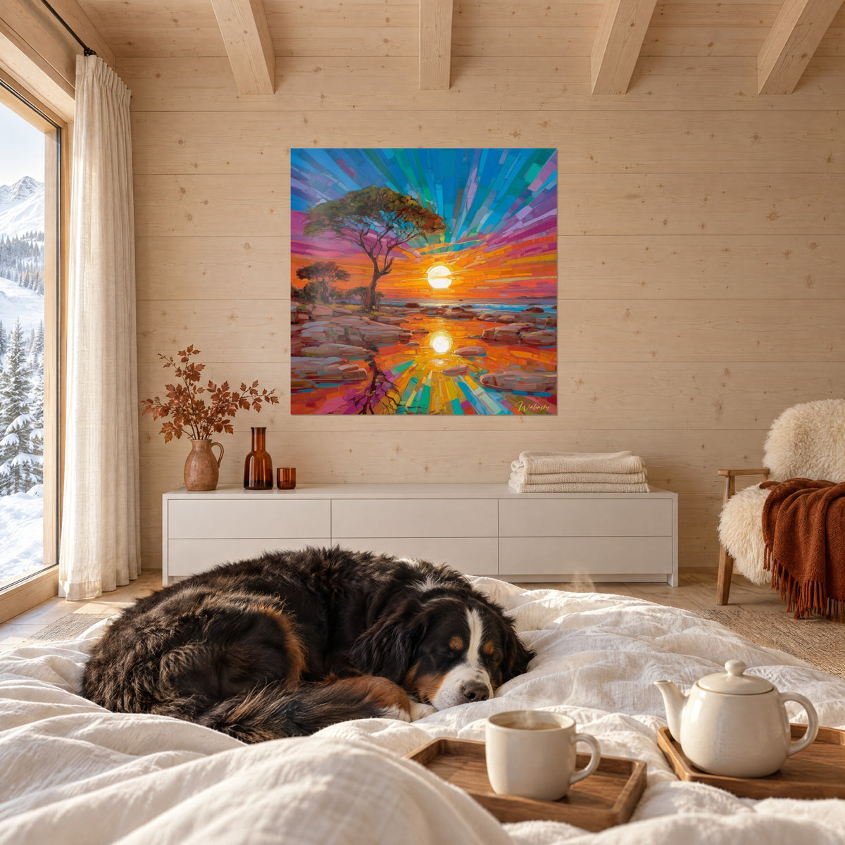 Tableau coucher de soleil africain aux stries orange et bleu, acacia rouillé, au-dessus d'un lit dans une chambre claire
