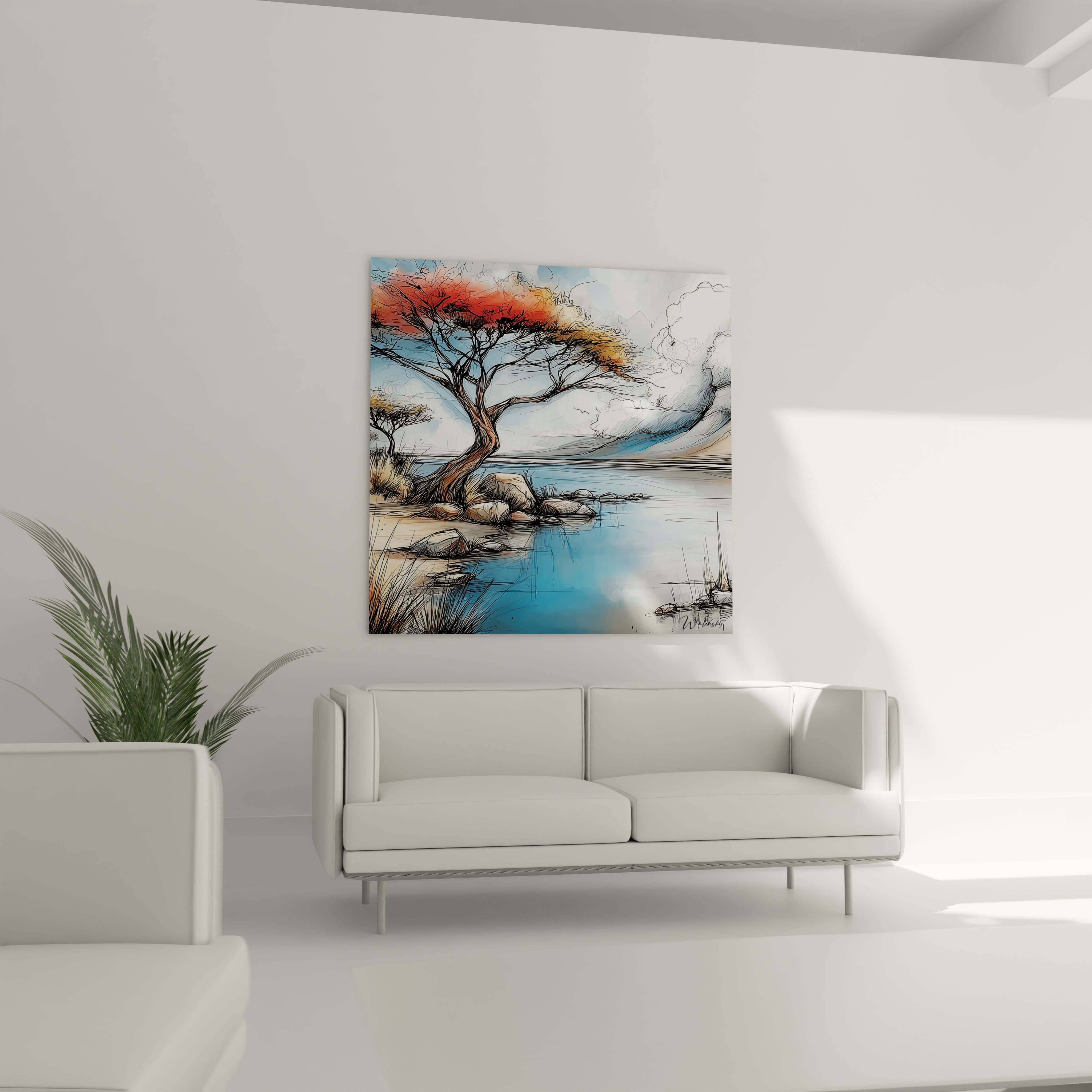 Tableau mural paysage africain acacia avec un arbre coloré et une scène de lac apaisante