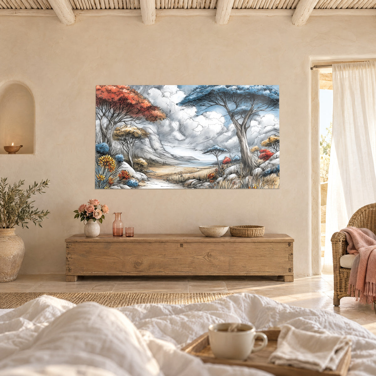 Tableau croquis d'arbres parasols orange et bleu, nuages gris tourbillonnants, accroché au-dessus d'un lit dans une chambre claire