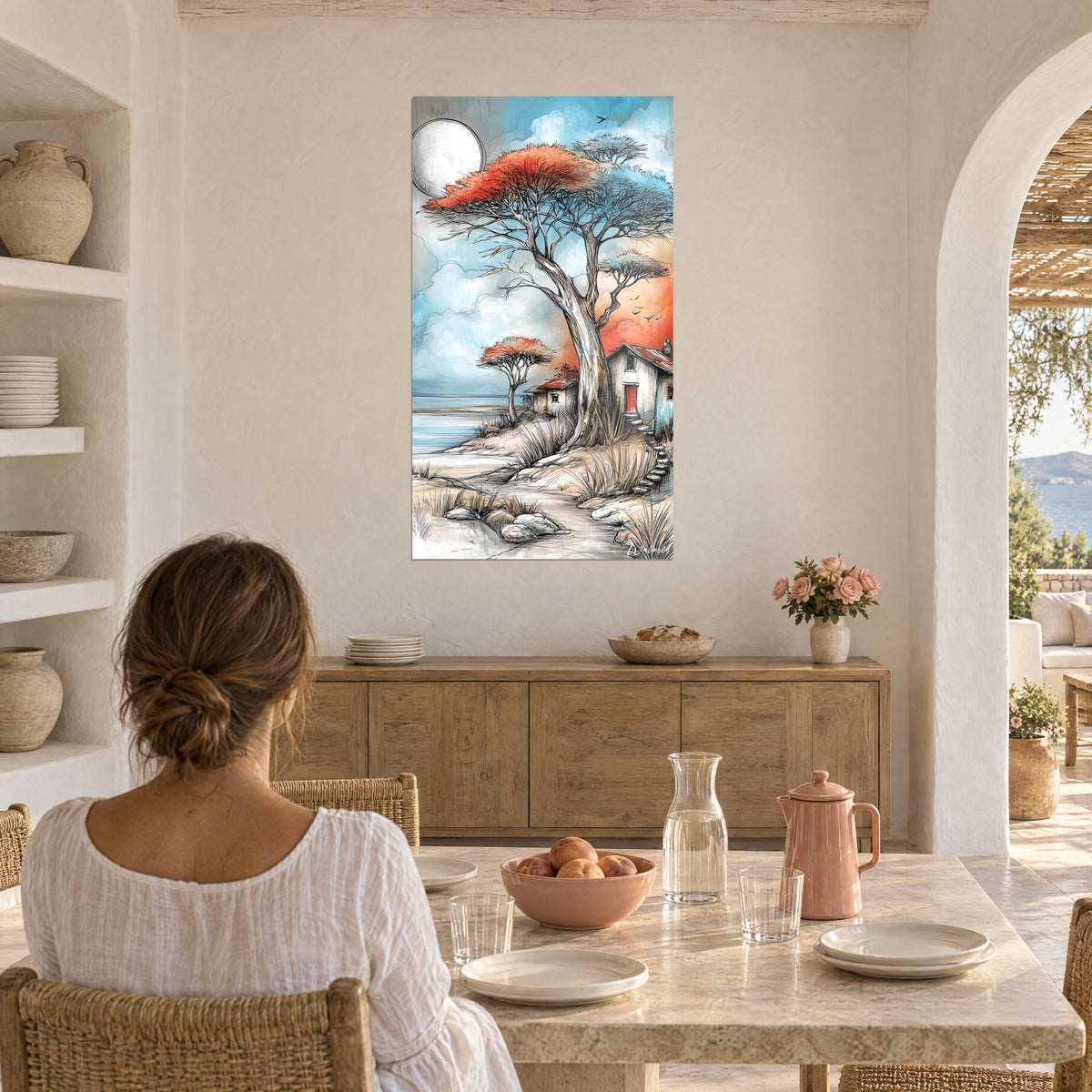 Tableau acacia flamboyant, feuillage corail et turquoise, escalier de pierre vers une maison, dans une salle à manger ensoleillée