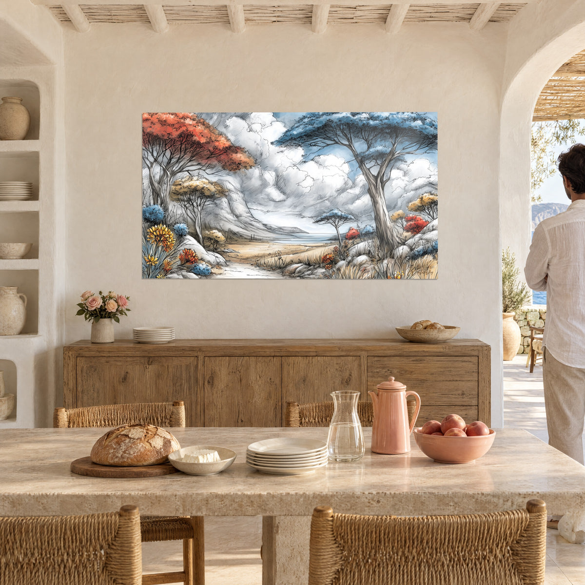 Tableau plaine africaine dessinée à l'encre, arbres bleu clair et rouge vif, fleurs jaunes, homme de dos dans une salle à manger