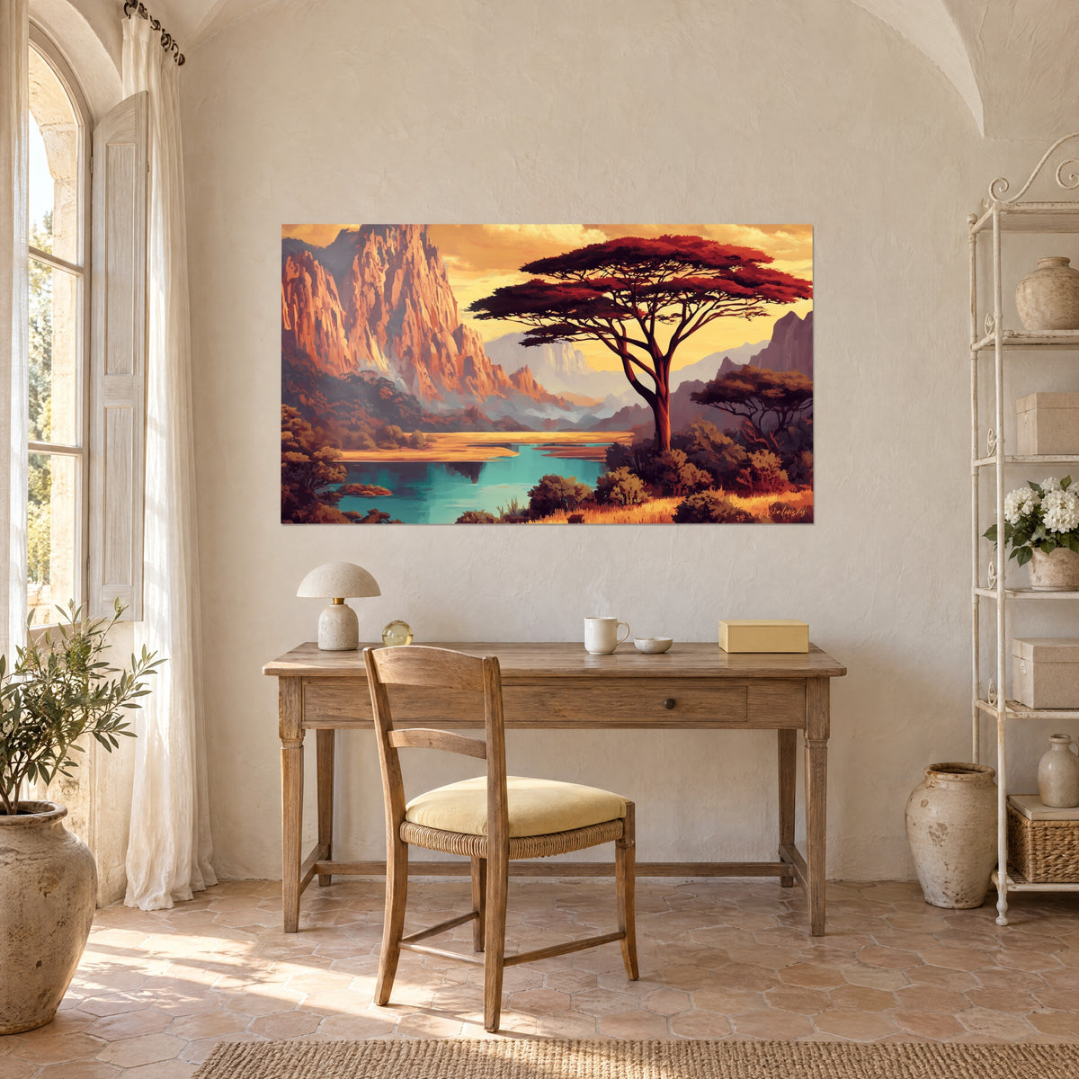 Tableau couchant africain, acacia rouge sombre, falaises abricot et lac turquoise, accroché au-dessus d'un bureau en bois