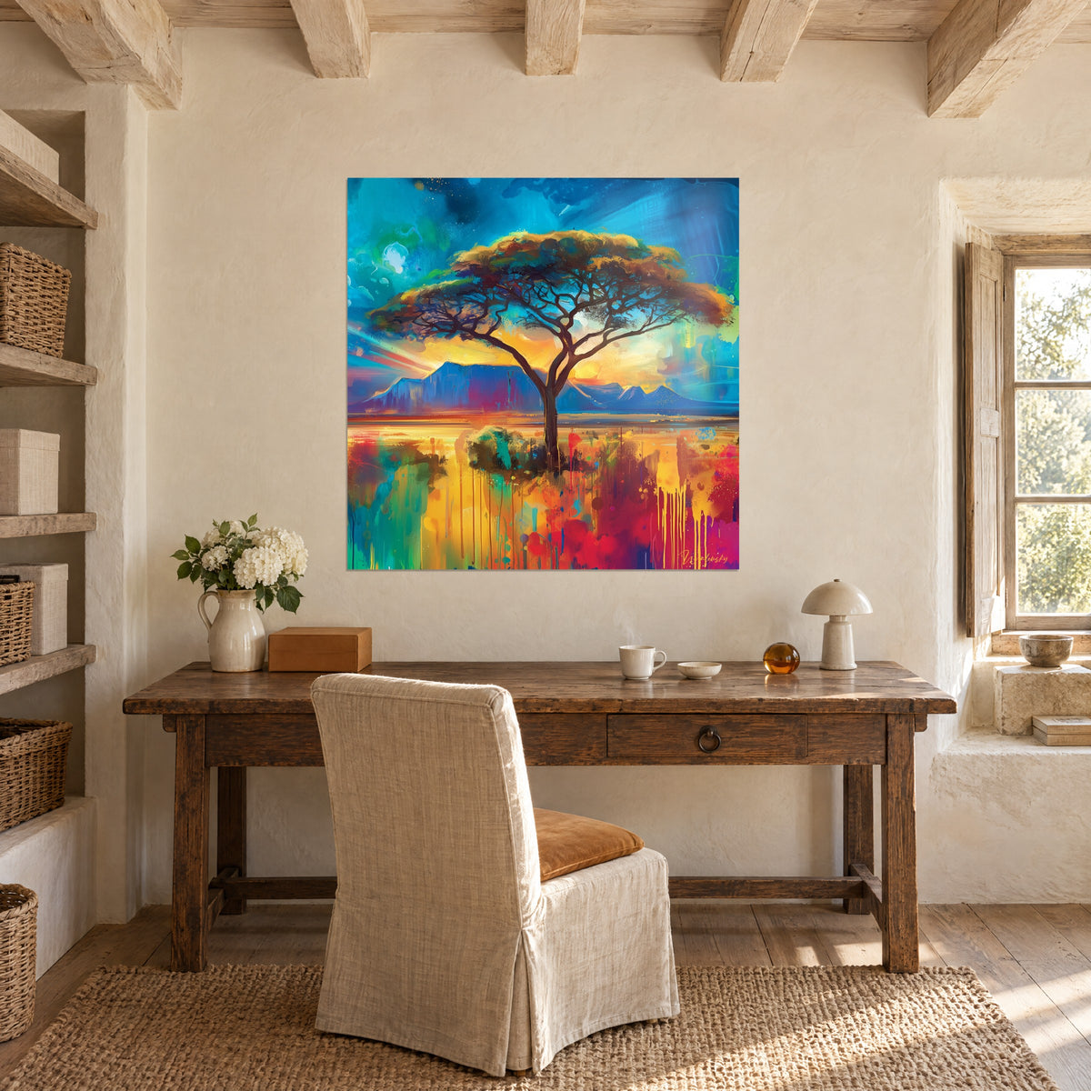 Cuadro árbol solitario en la llanura africana, cielo cian y crepúsculo dorado, montañas azules, encima de un escritorio de madera antigua