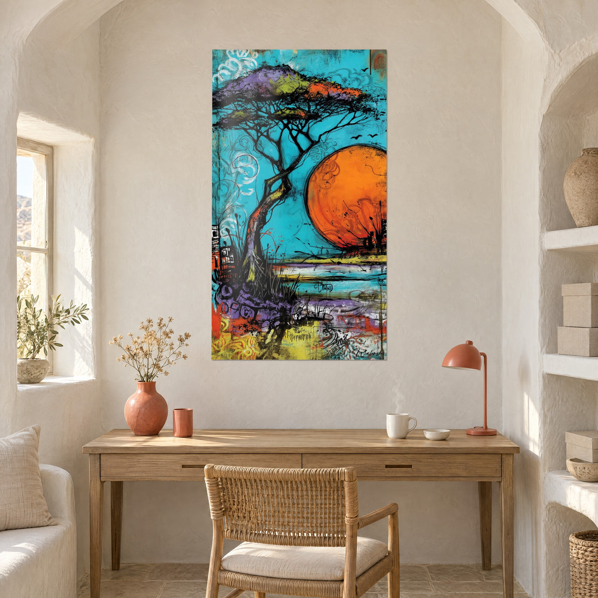 Tableau paysage au grand arbre noir, lac strié de violet et jaune, disque orange, bureau en bois clair avec lampe corail