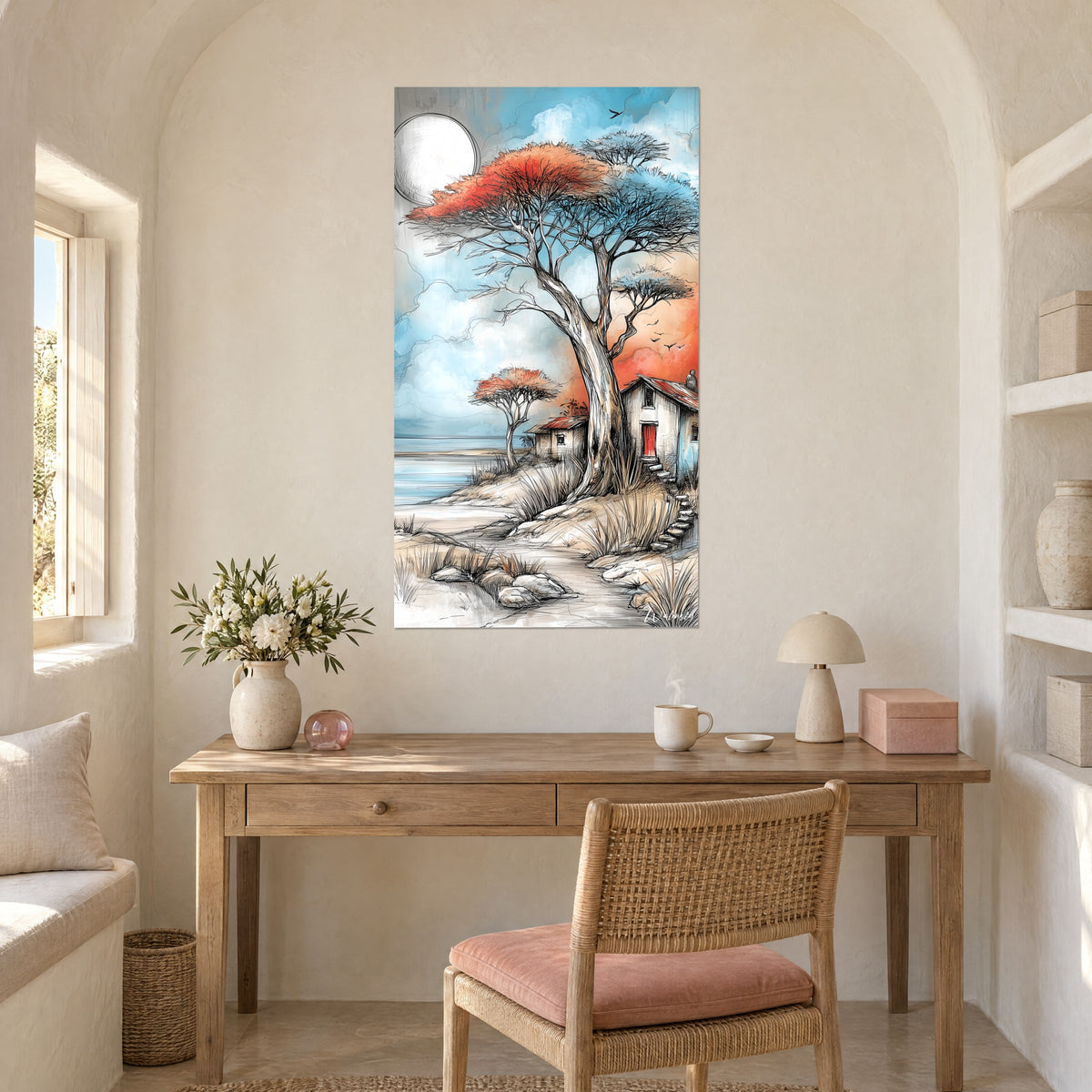 Tableau croquis d'arbre africain, houppier vermillon et azur, mer pâle au fond, au-dessus d'un bureau en bois clair
