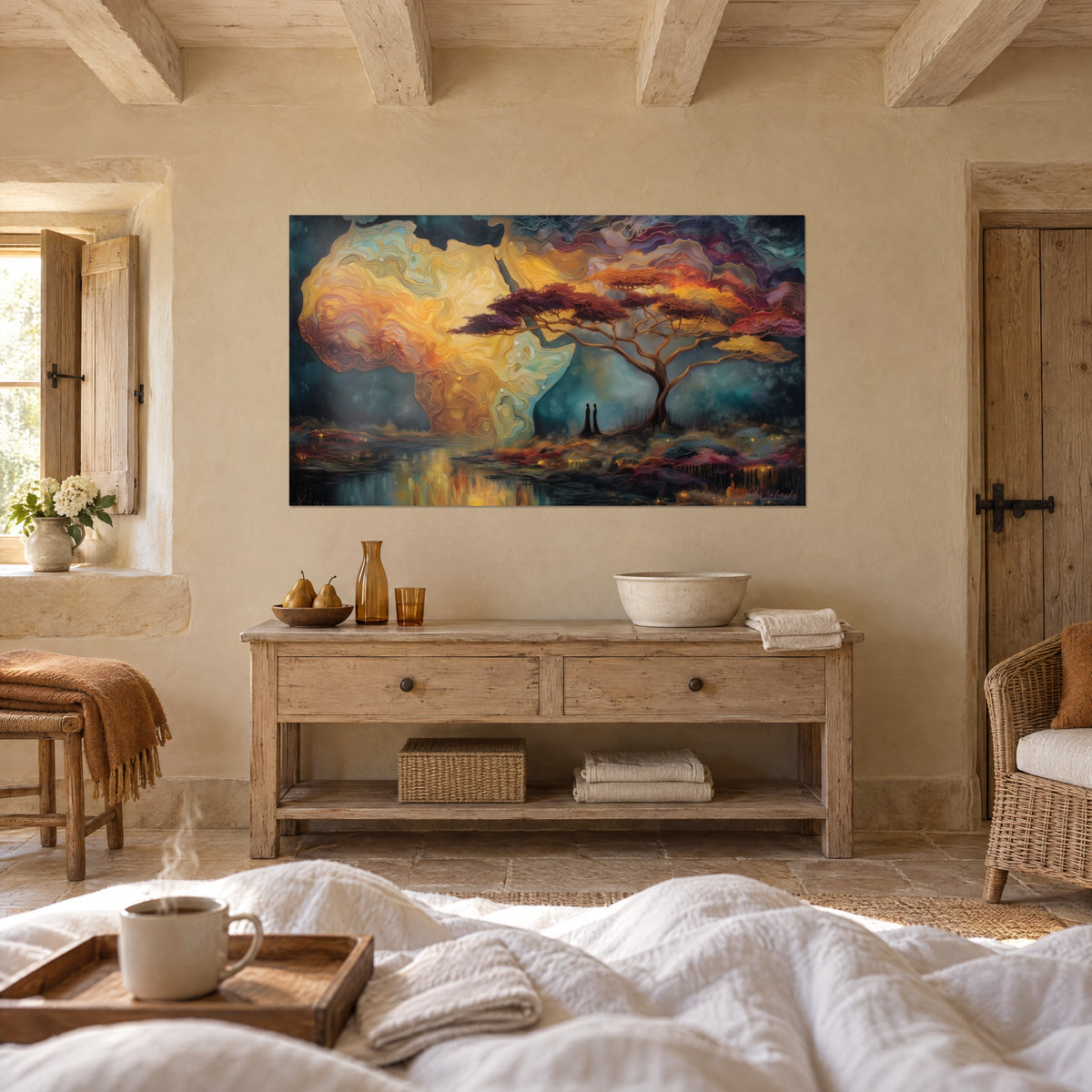 Gemälde Silhouette Afrikas in safranfarbenen Schwüngen, violetter Himmel und Wasser, das Gold spiegelt, über einem Bett in einem hellen Schlafzimmer