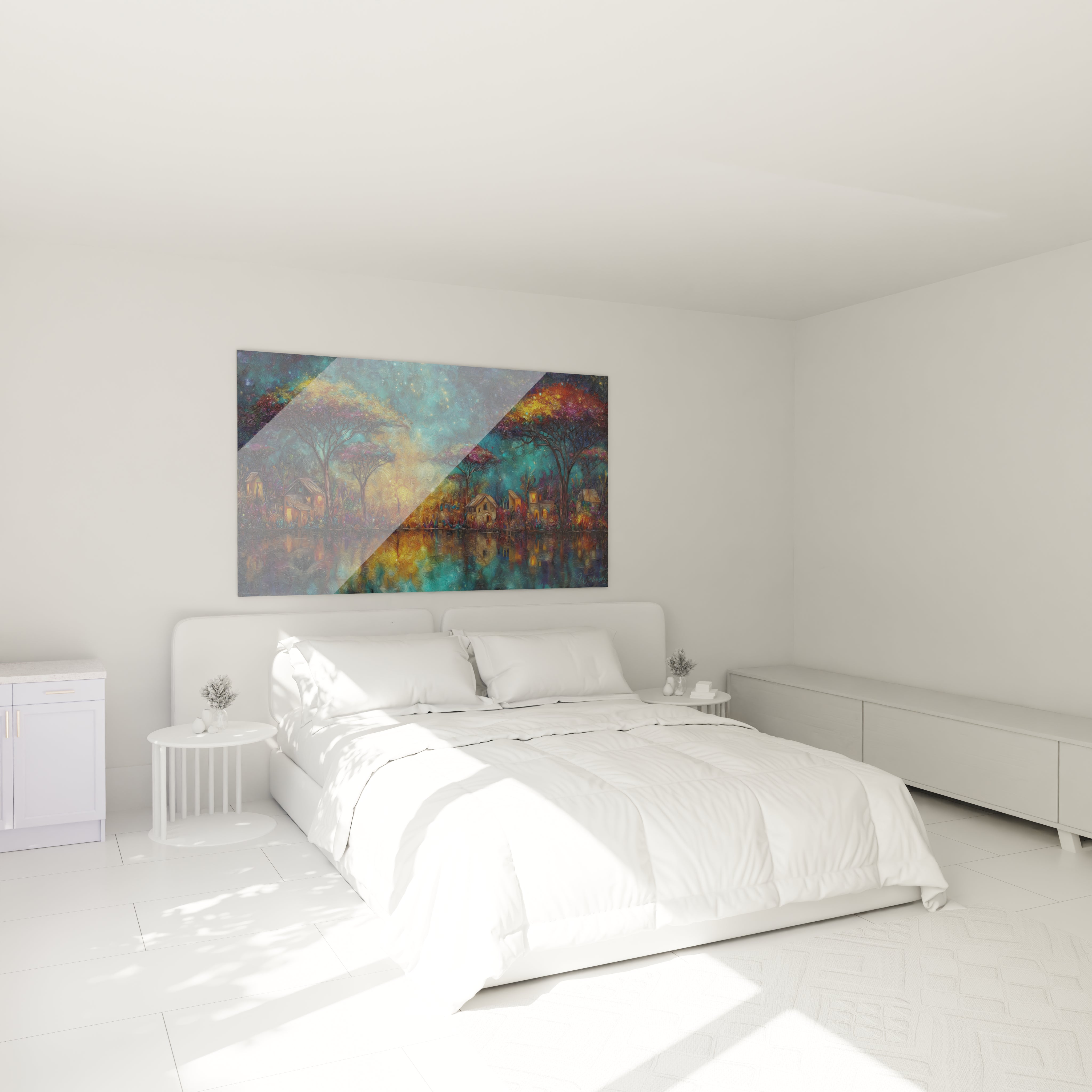 Tableau paysage africain de Walensky affiché dans une chambre moderne avec un lit blanc